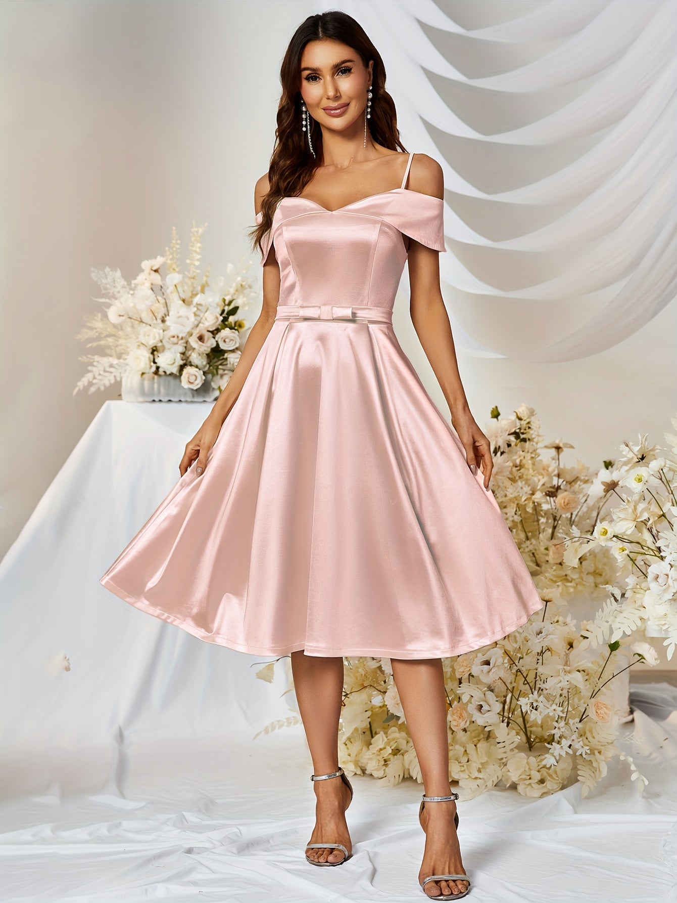 vlovelaw Cold Shoulder V Neck Dress, Elegant Strap Flare Dress For Party & Banquet, Women's Clothing