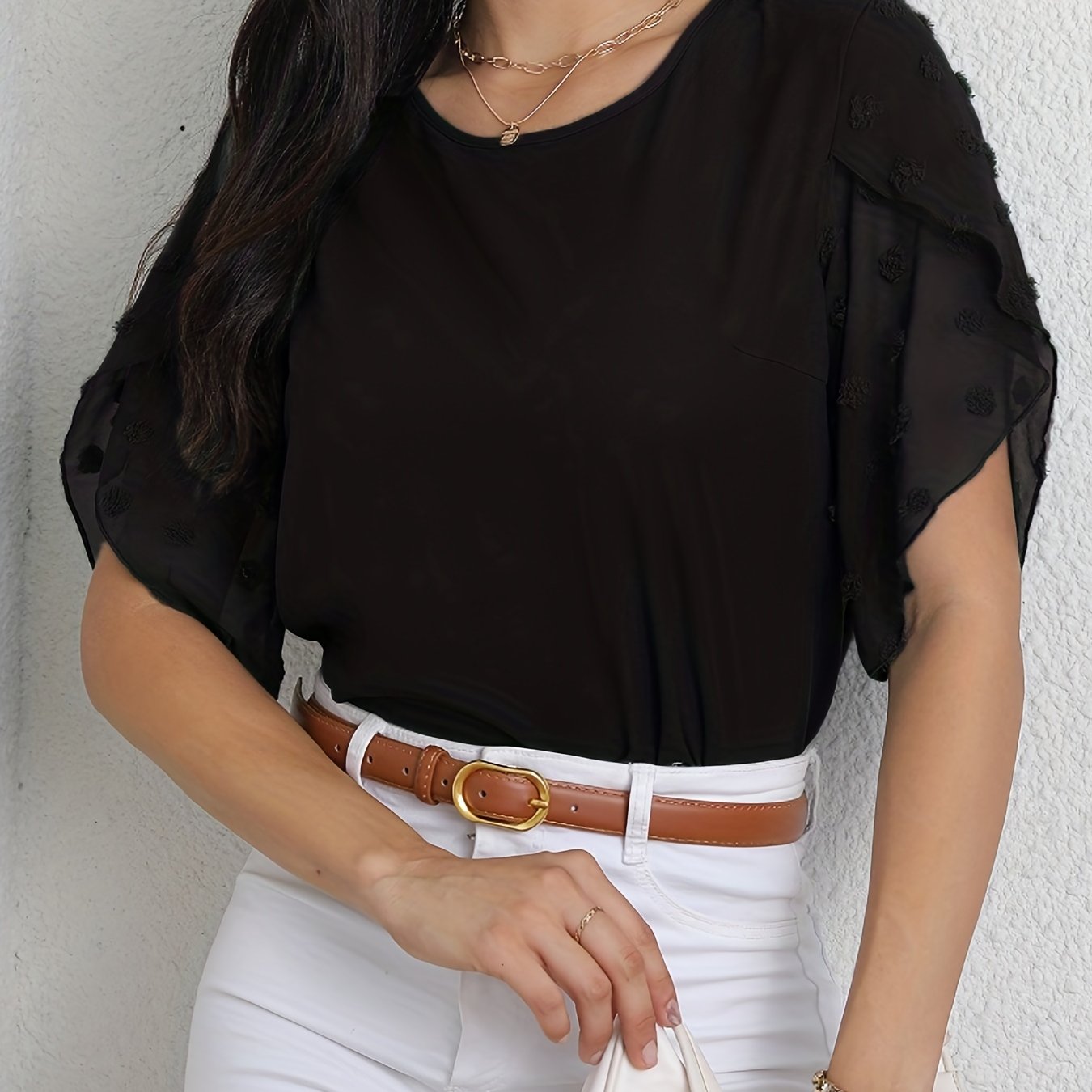 vlovelaw Swiss Dot Half Sleeve Blouse, Casual Solid Crew Neck Summer Blouse, Women's Clothing