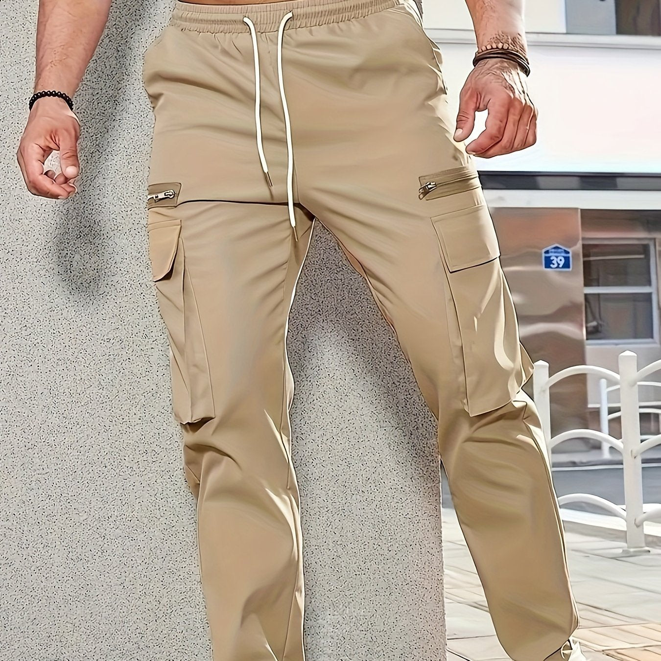 vlovelawMen's Trendy Solid Tactical Pants, Casual Multi Pockets Trousers For Outdoor