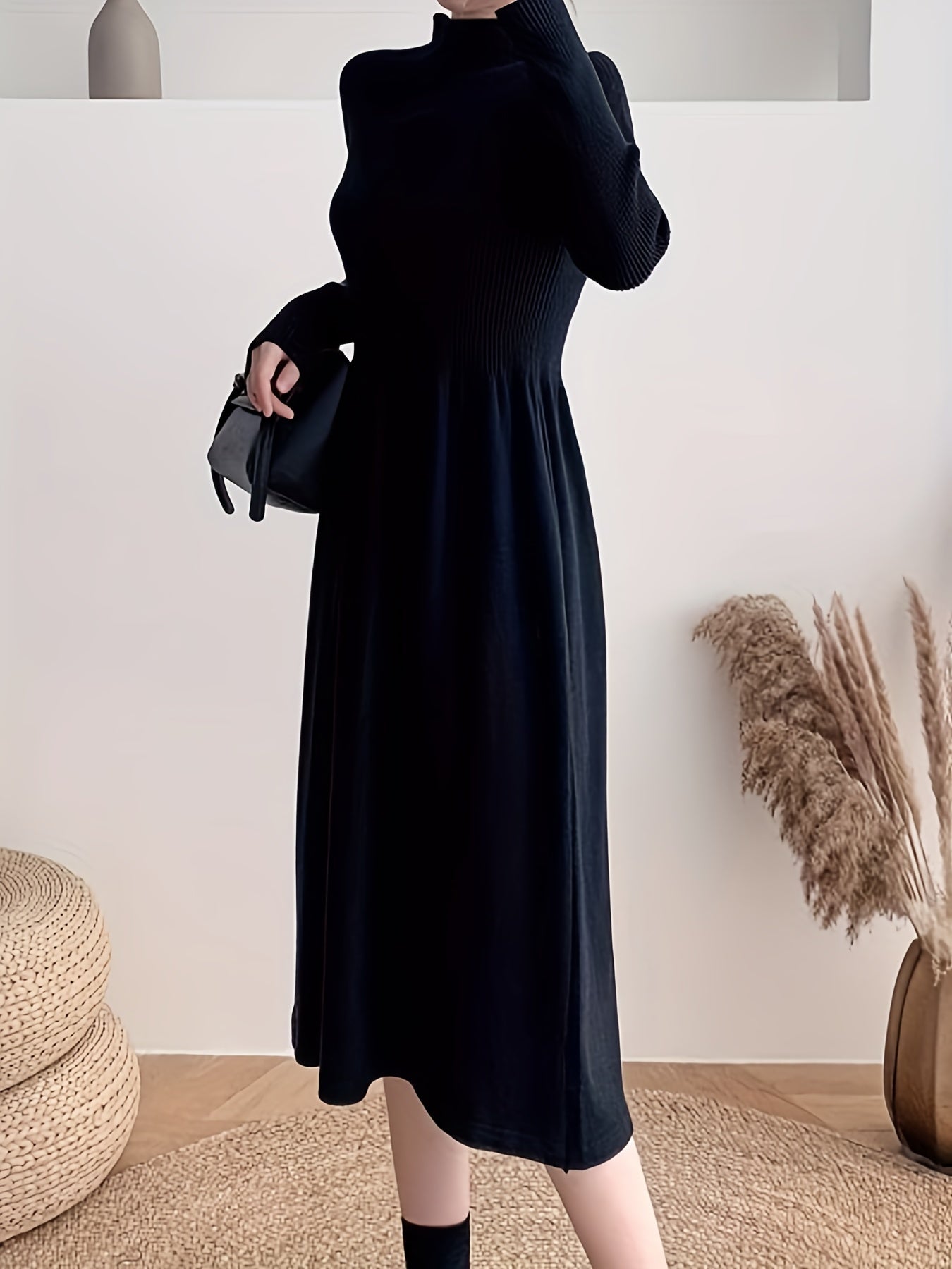 vlovelaw Solid Mock Neck Splicing Dress, Elegant Long Sleeve Aline Dress For Spring & Fall, Women's Clothing
