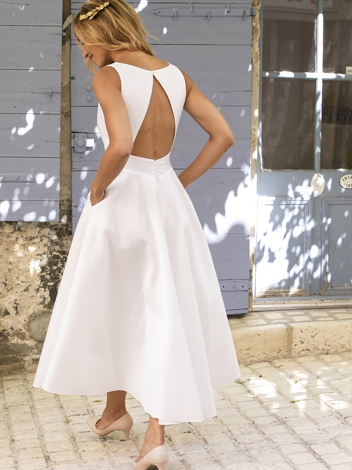 vlovelaw Solid V Neck Elegant Bridesmaid Dress, Backless Mid-Waist Summer Dress For Wedding Party, Women's Clothing