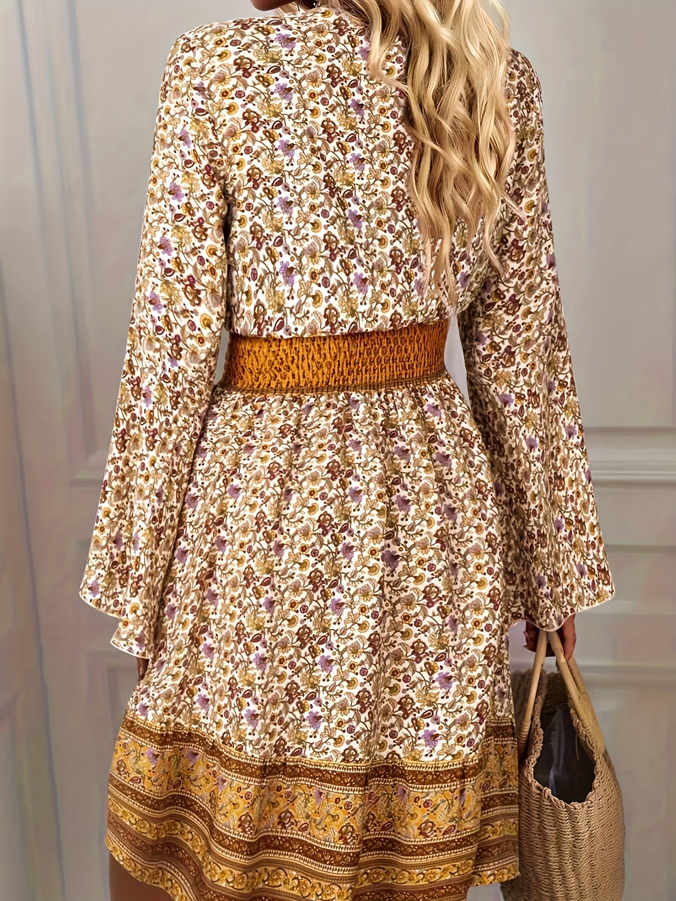 vlovelaw Floral Print Flared Sleeve Dress, Boho V Neck Midi Dress, Women's Clothing