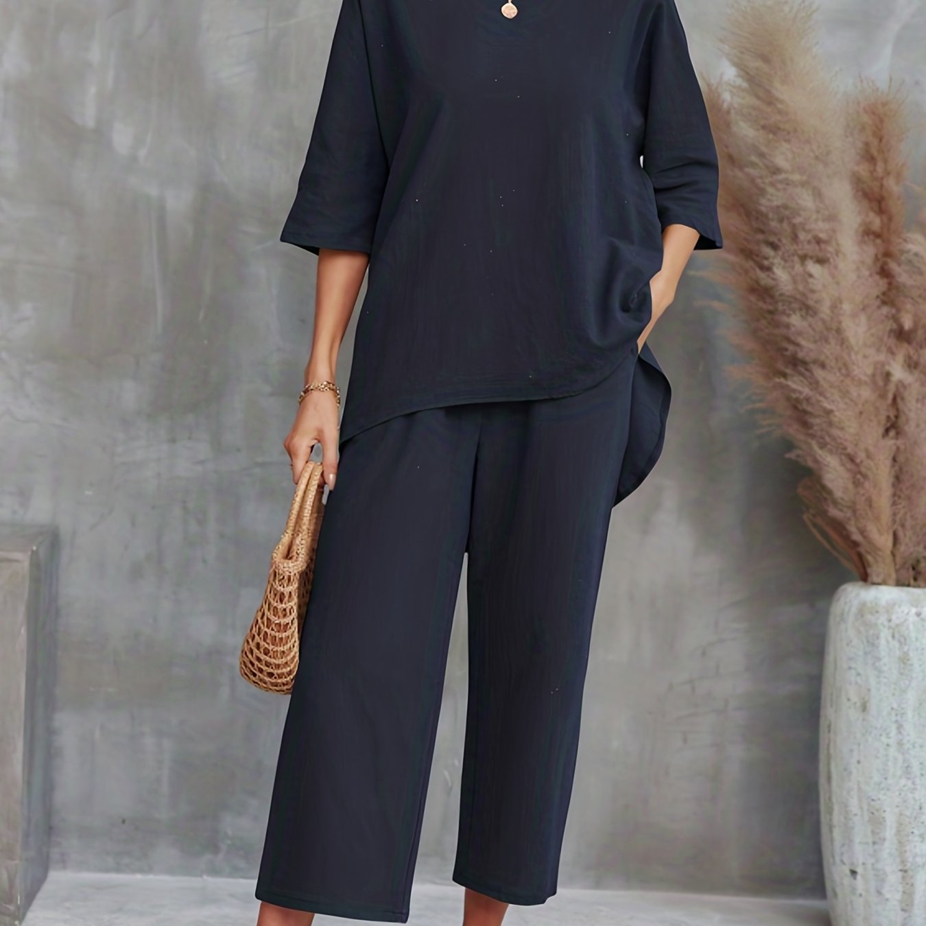 vlovelaw Solid Casual Two-piece Set, Crew Neck Half Sleeve Tee & Wide Leg Pants Outfits, Women's Clothing