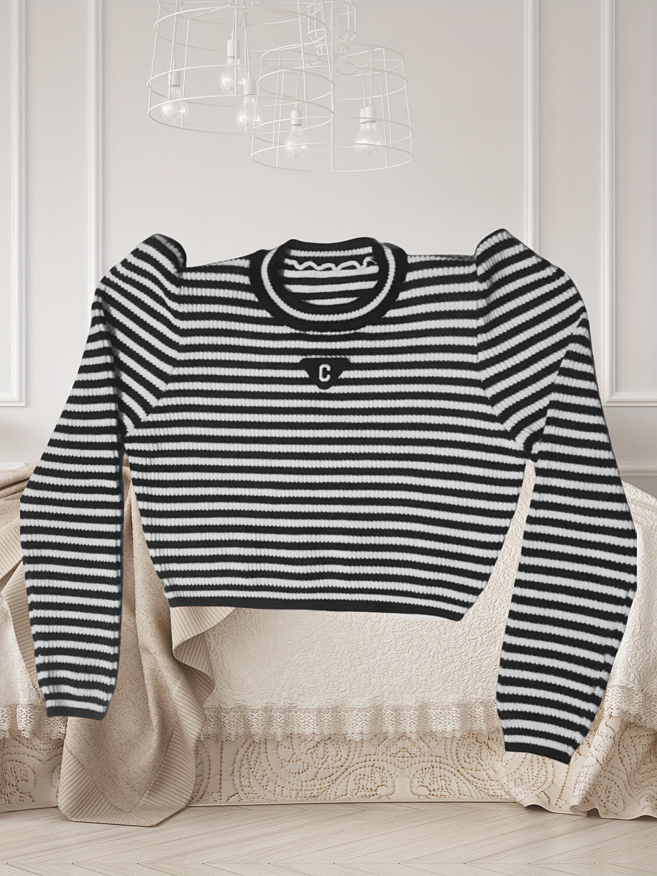vlovelaw Striped Crew Neck Knitted Top, Elegant Puff Sleeve Crop Stylish Sweater, Women's Clothing
