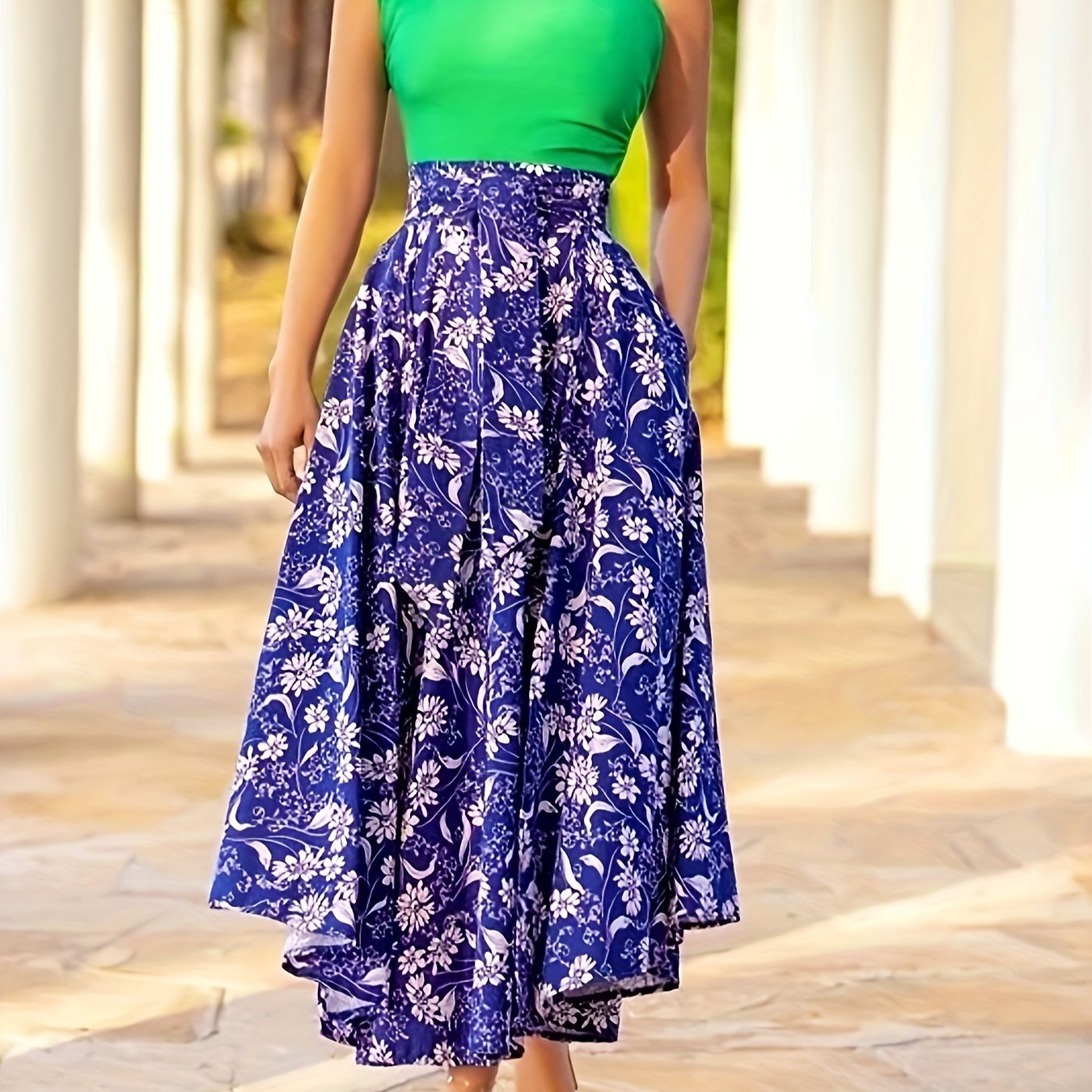 Plus Size Elegant Skirt, Women's Plus Floral Print Knot Front Elastic High Rise Asymmetric Hem Swing Maxi Skirt