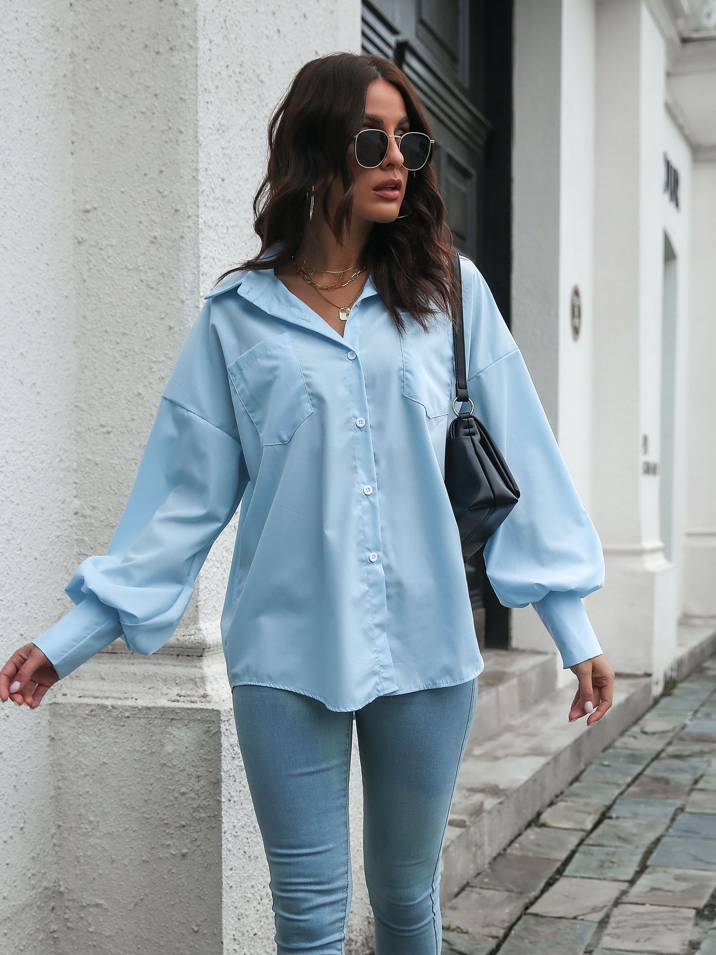 Women's Blouse Women Streetwear Button-down Shirt Irregular Long Sleeve Lapel Blouse With Pockets Autumn Loose Blouse
