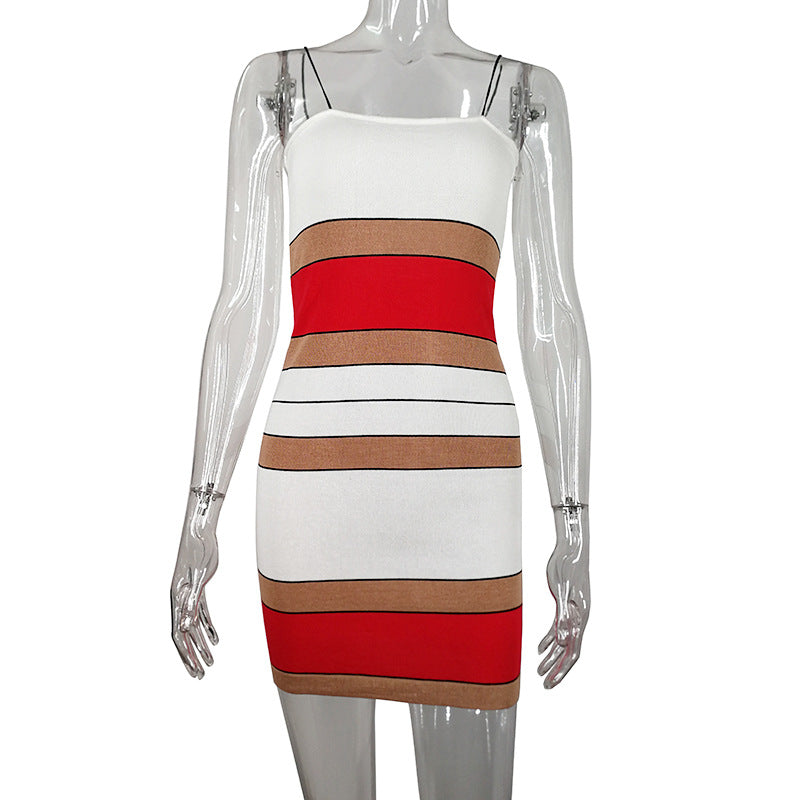 new women's clothing backless summer suspender knitted striped dress sexy slim and thin sleeveless short skirt