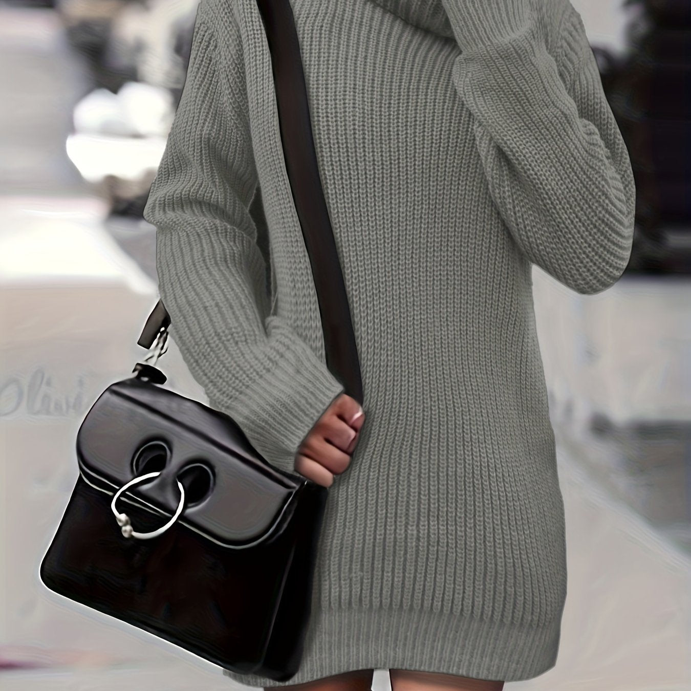 Solid Turtle Neck Baggy Knitted Dress, Casual Long Sleeve Dress For Fall & Winter, Women's Clothing