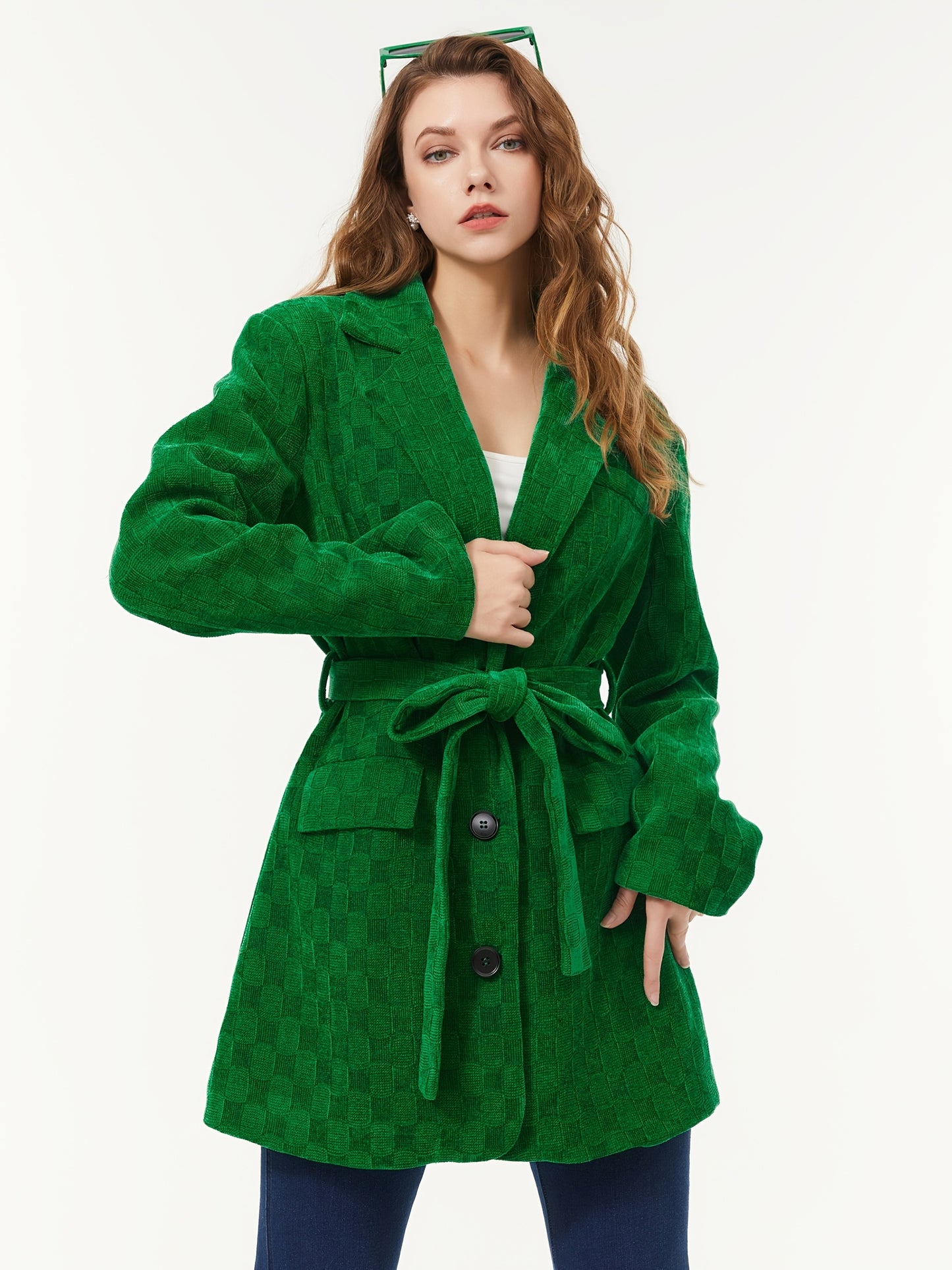 Solid Button Down Belted Blazer, Casual Long Sleeve Lapel Blazer For Fall & Winter, Women's Clothing