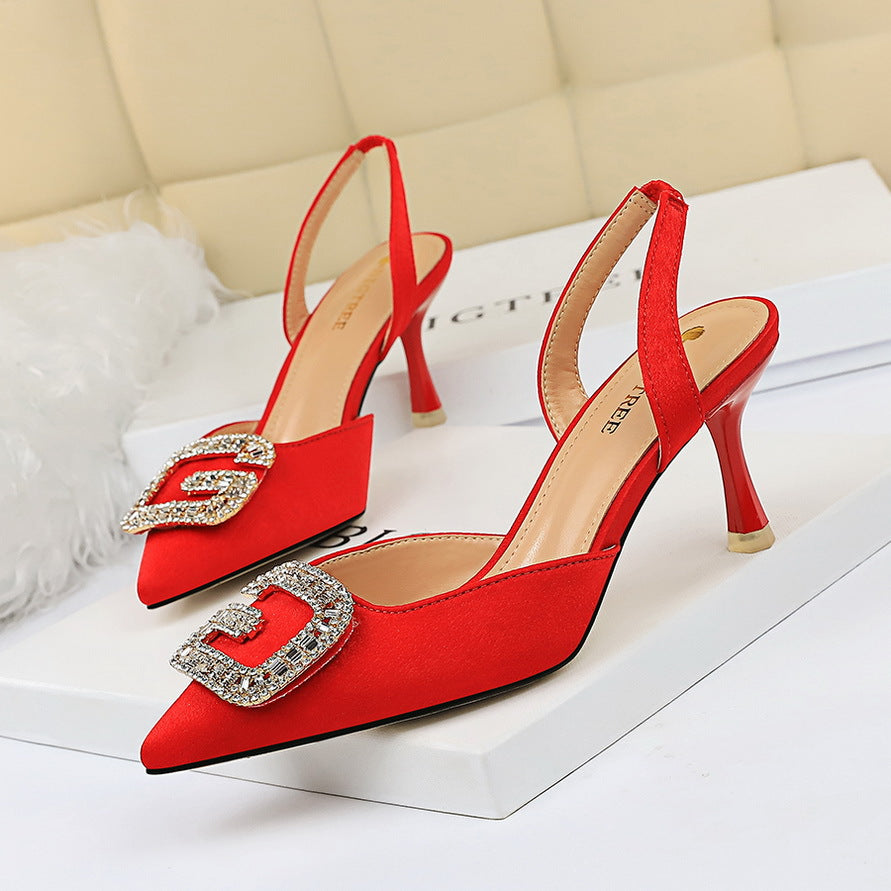 VLOVELAW 896-2 European and American Style Banquet Women's Shoes High Heel Low-Cut Pointed Toe Suede Hollow Back Strap Metal Rhinestone Buckle Sandals