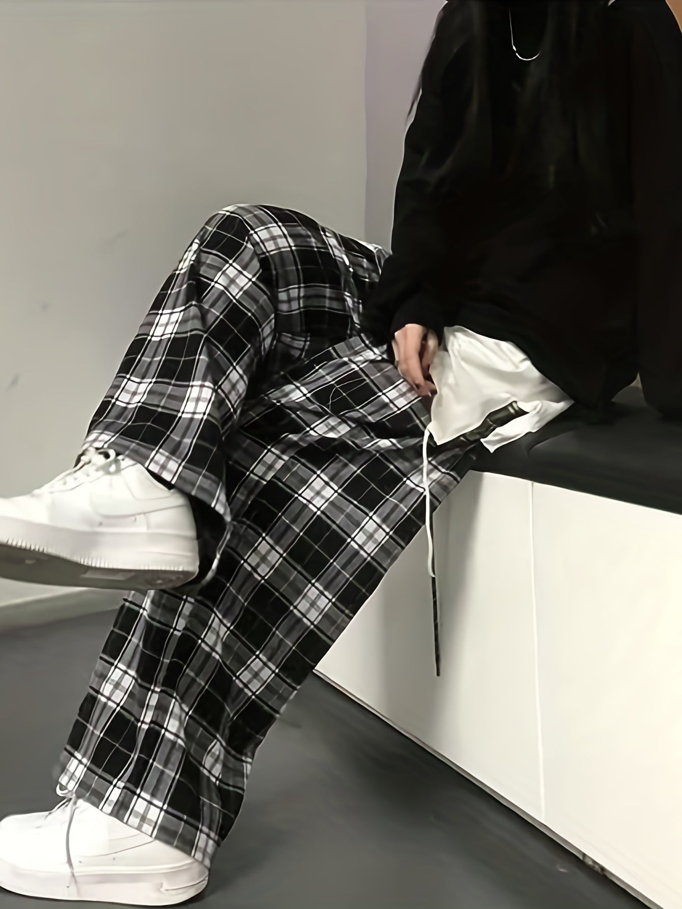 vlovelaw Plaid Drawstring Straight Leg Pants, Casual Loose Pants For Spring & Fall, Women's Clothing