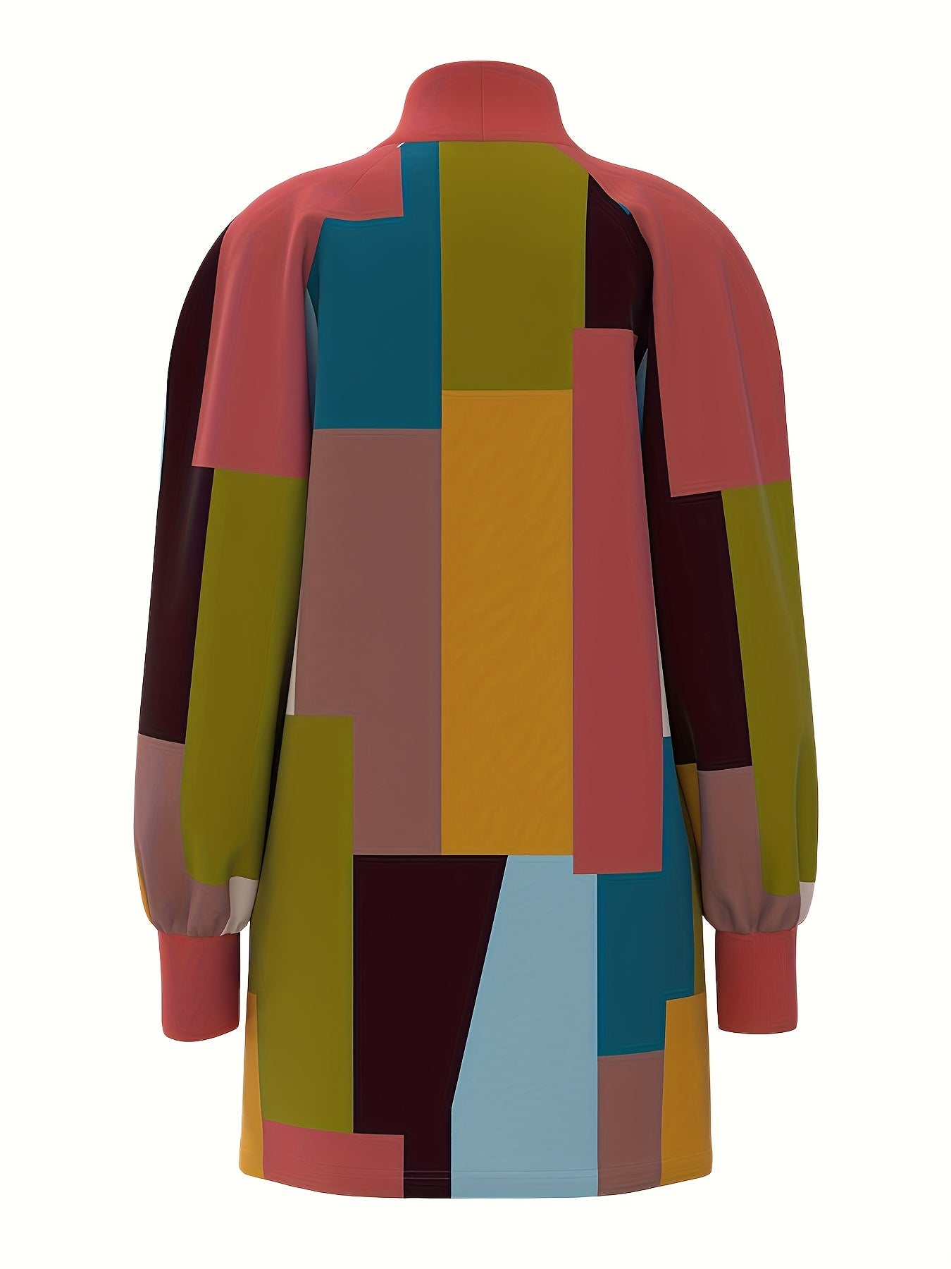 Patchwork Color Block Dress, Casual High Neck Long Sleeve Mini Dress, Women's Clothing