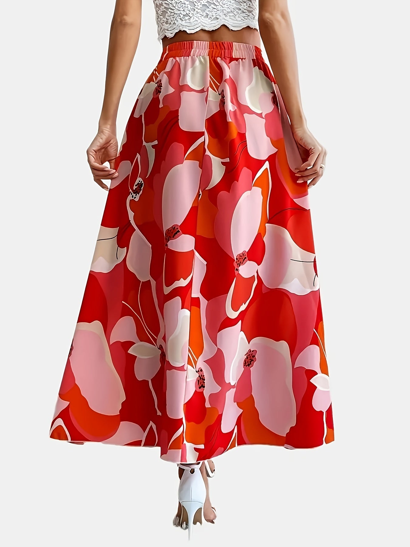 Plus Size Elegant Skirt, Women's Plus Floral Print Elastic High Rise Flowy Maxi Skirt