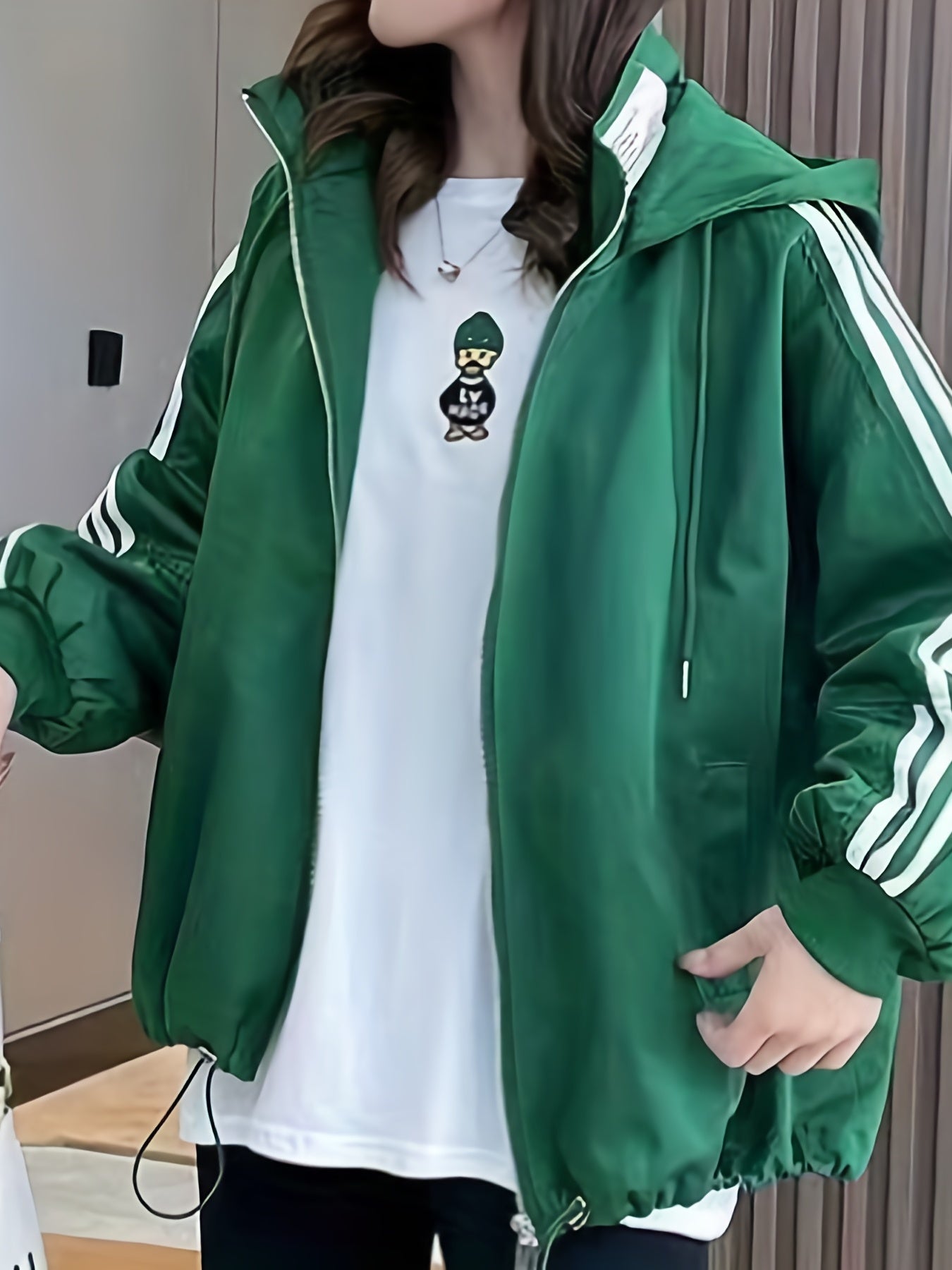 Striped Print Zip Up Jacket, Casual Drawstring Hooded Jacket, Women's Clothing