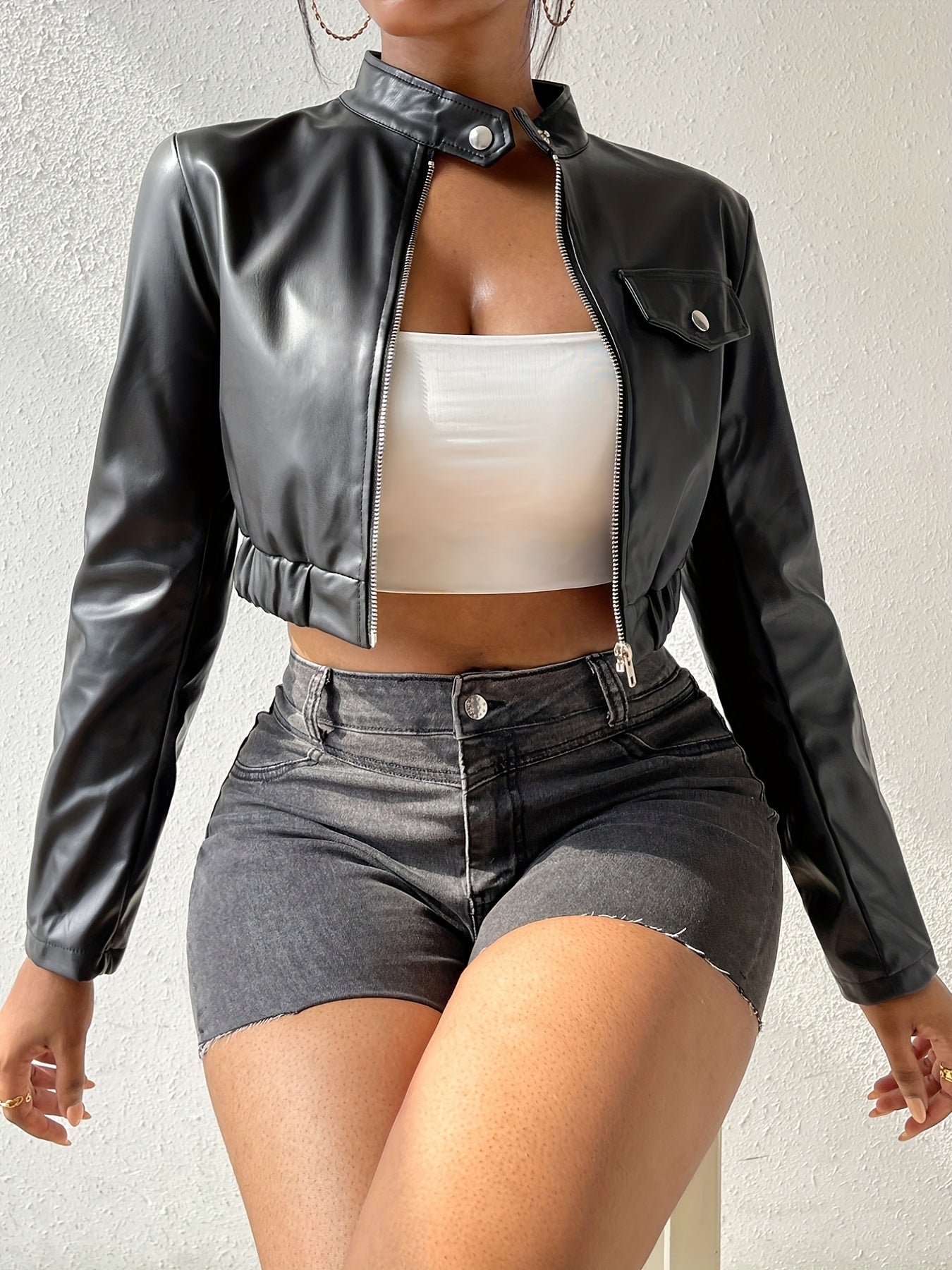 vlovelaw  Solid Zipper Crop Motor Jacket, Casual Faux Leather Long Sleeve Jacket For Fall, Women's Clothing