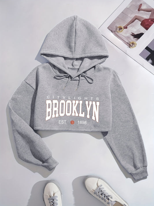 Letter Print Crop Hooded Sweatshirt, Long Sleeves Drawstring Fleece Liner Hoodies, Women's Activewear