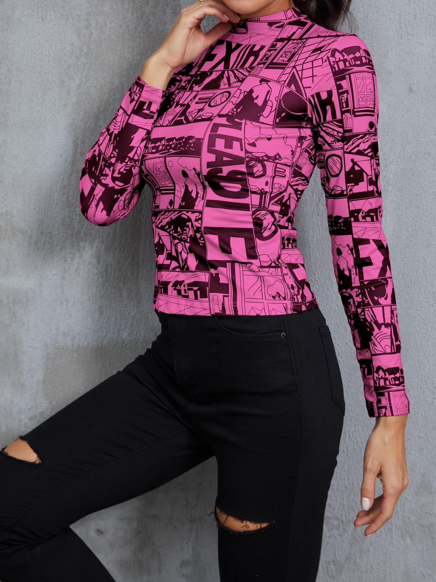 Y2K Anime Print T-Shirt, Long Sleeve High Neck Casual Top, Women's Clothing