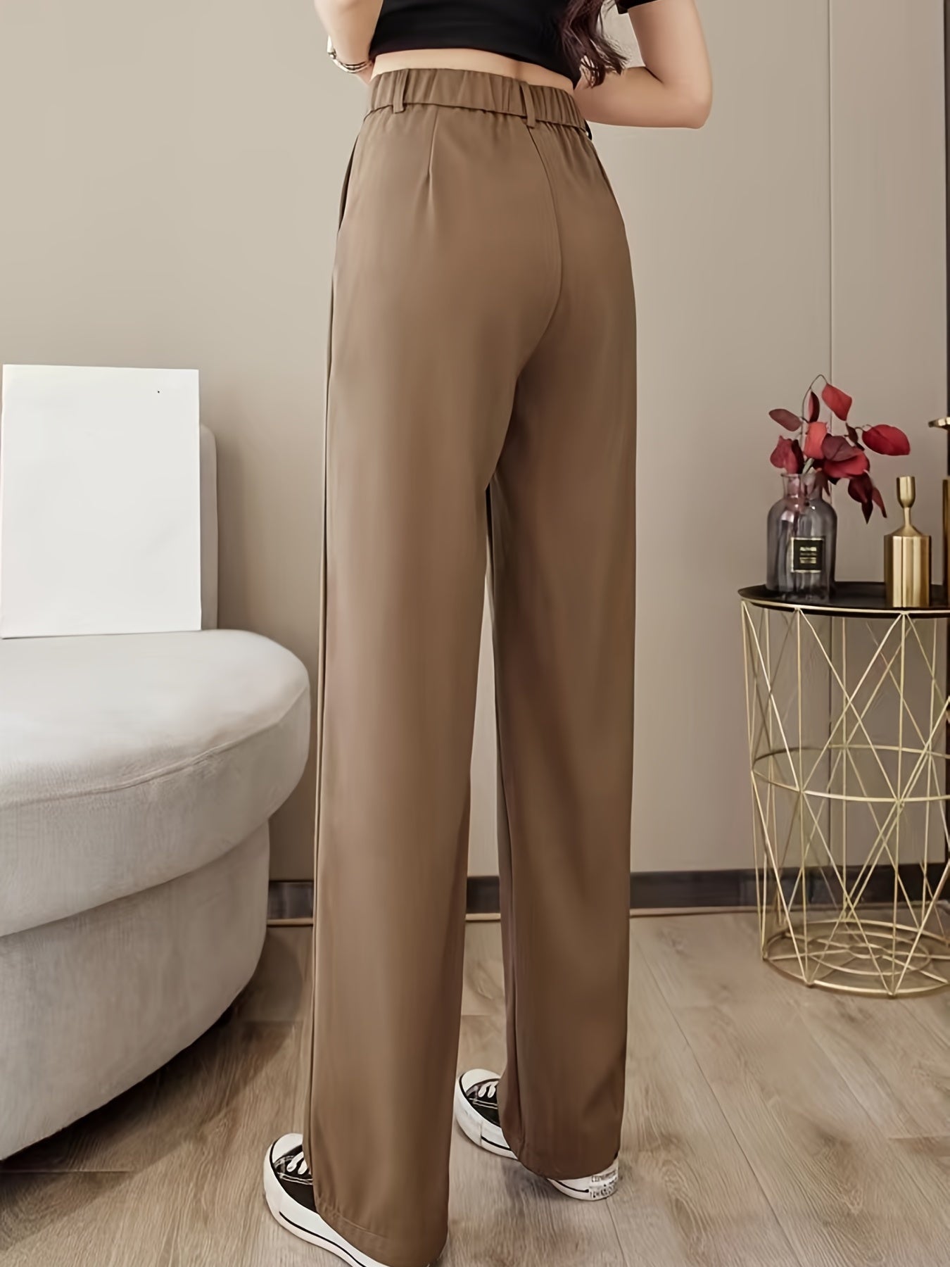vlovelaw Solid High Waist Draped Long Length Pants, Casual Loose Spring & Autumn Pants, Women's Clothing