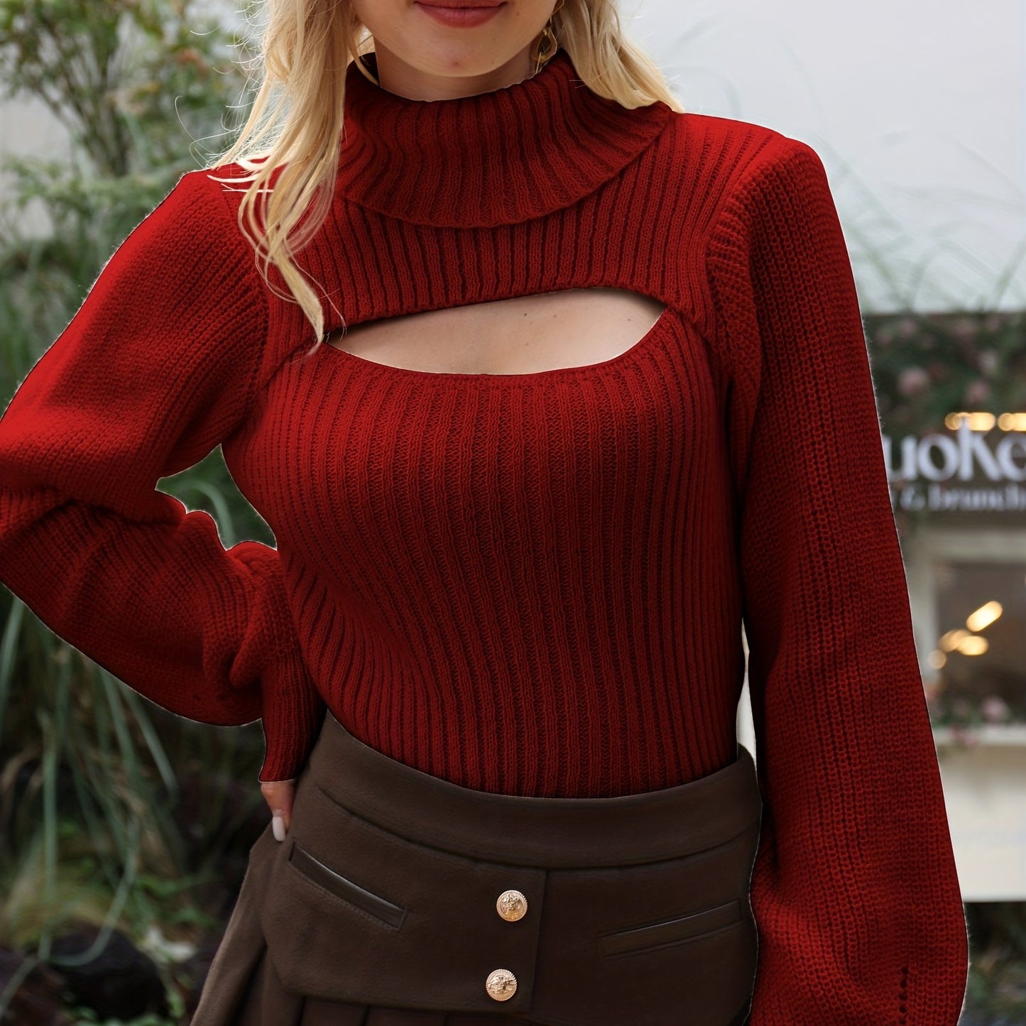 vlovelaw Sexy High Neck Sweater, Long Sleeve Sexy Cut Out Casual Sweater For Spring & Fall, Women's Clothing