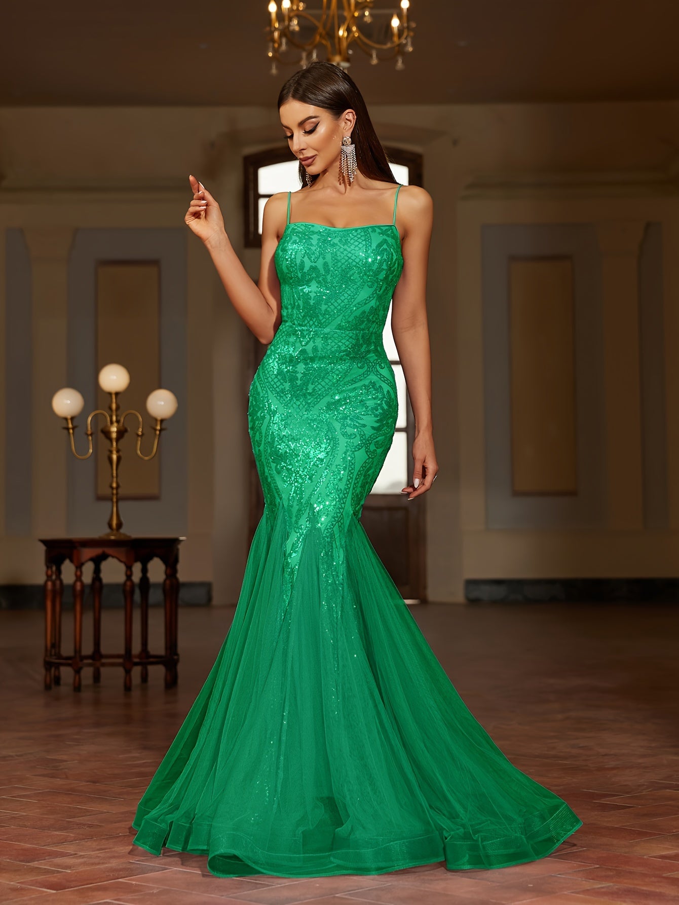 vlovelaw Sequin Mesh Spaghetti Strap Dress, Elegant Tie Back Evening Dress For Party & Banquet, Women's Clothing