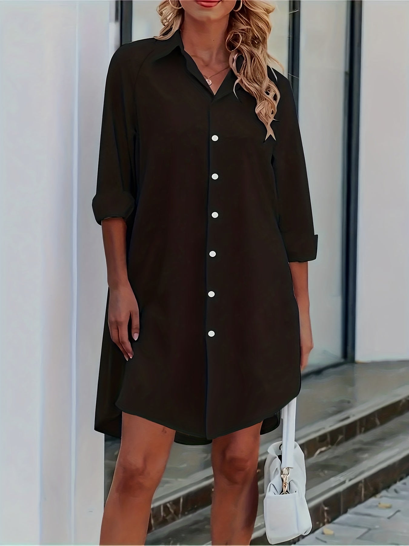 vlovelaw Button Front Shirt Dress, Sexy 3/4 Sleeve Solid Turn Down Collar Dress, Women's Clothing