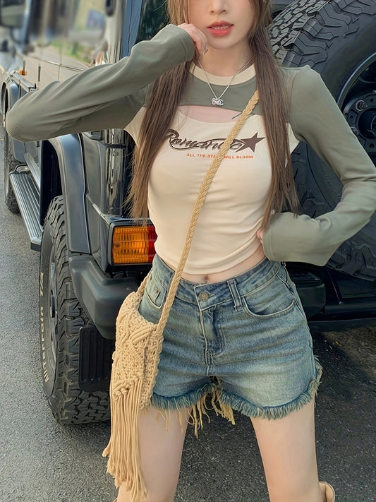 Star & Letter Print Cut Out T-Shirt, Casual Color Block Crew Neck Long Sleeve Top, Women's Clothing