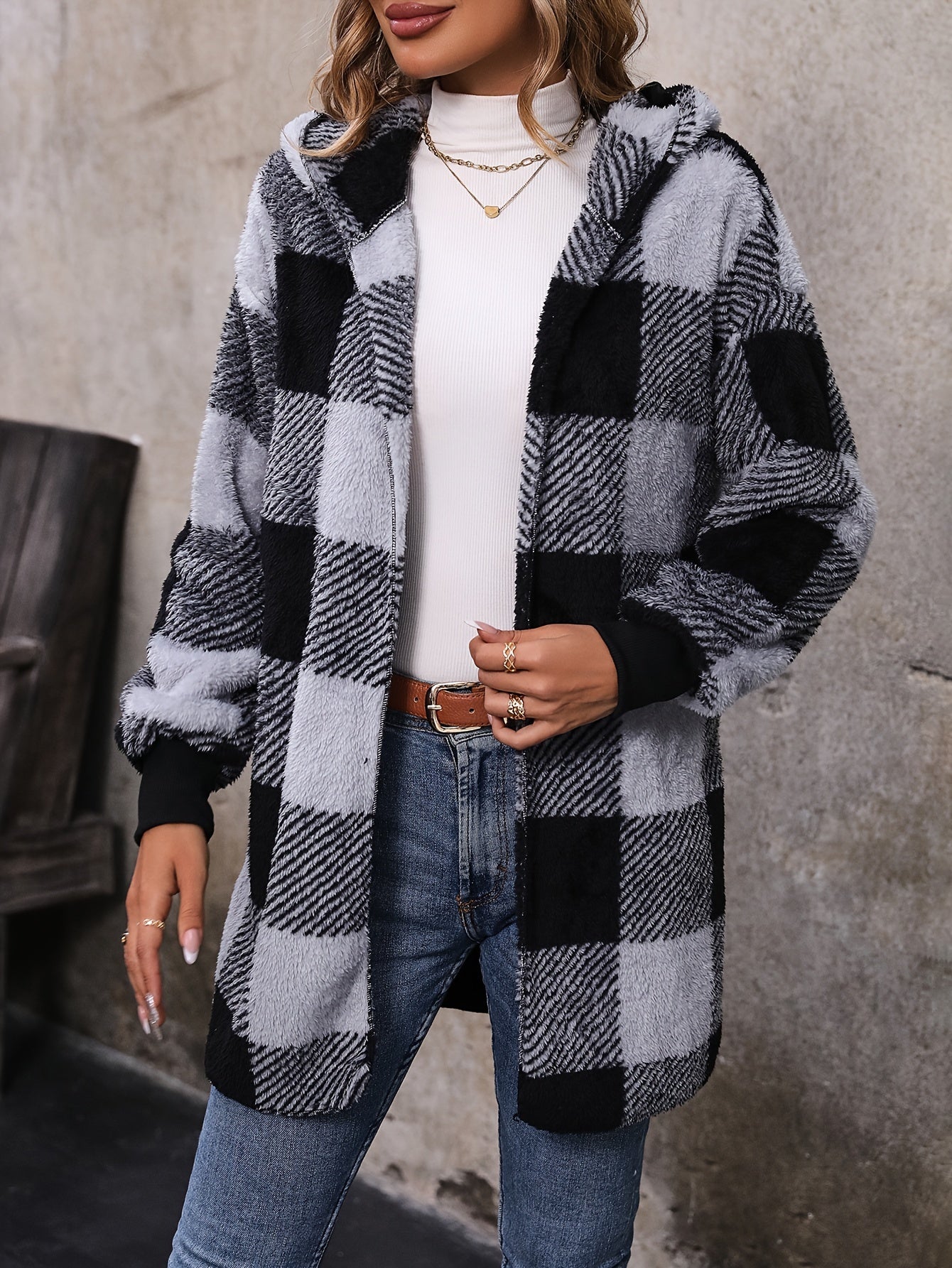vlovelaw Plaid Print Hooded Teddy Coat, Casual Open Front Thermal Outerwear, Women's Clothing