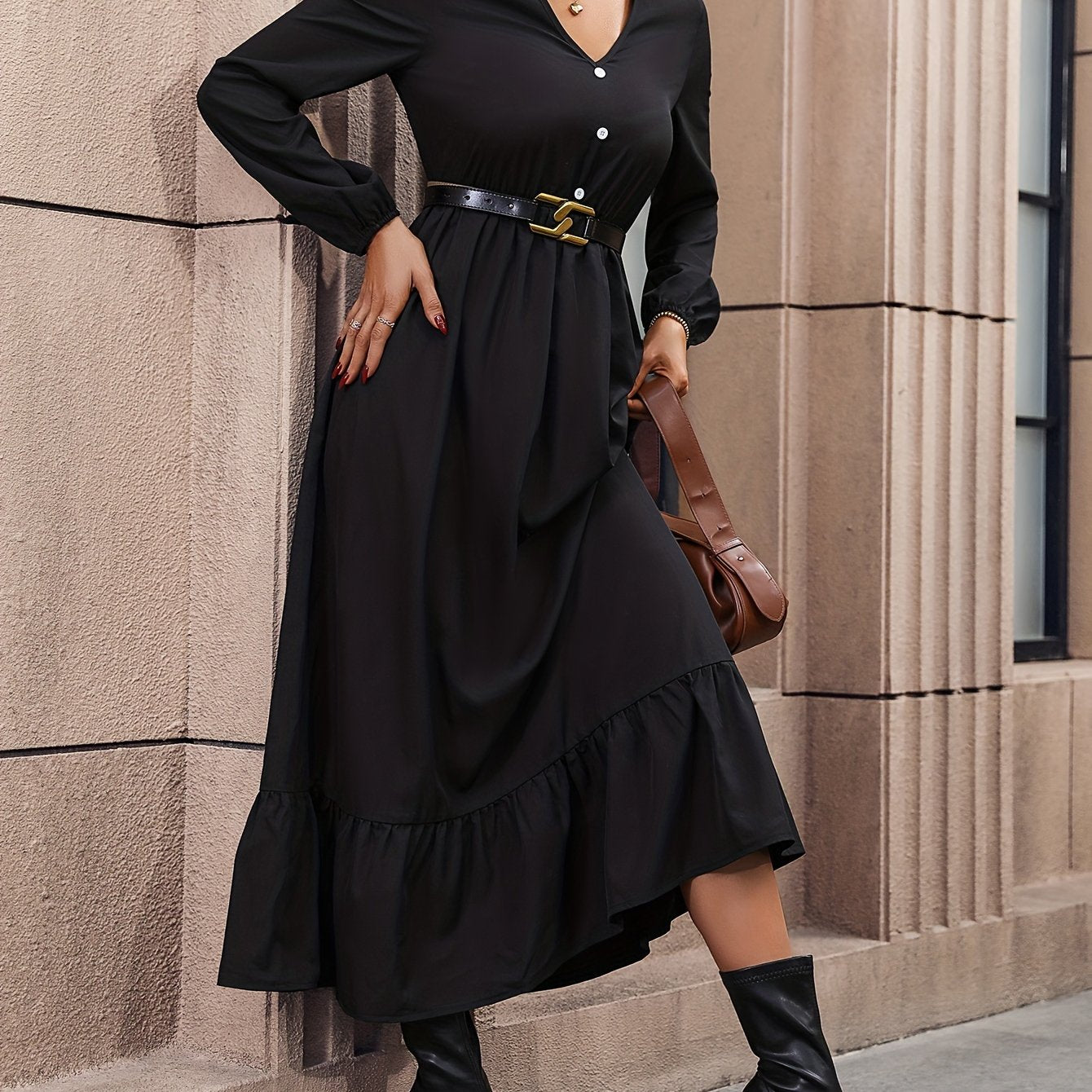 High Waist Simple Dress, Elegant V Neck Long Sleeve Midi Dress, Women's Clothing