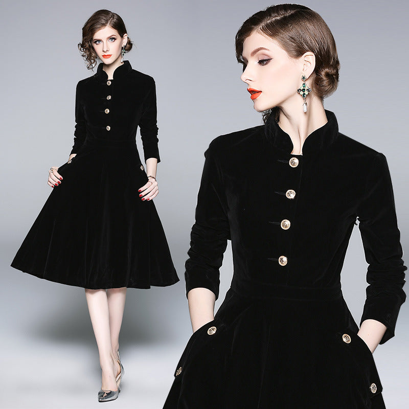 Black Hepburn stand-up collar gold velvet dress women's autumn and winter wear medium and long temperament coat coat