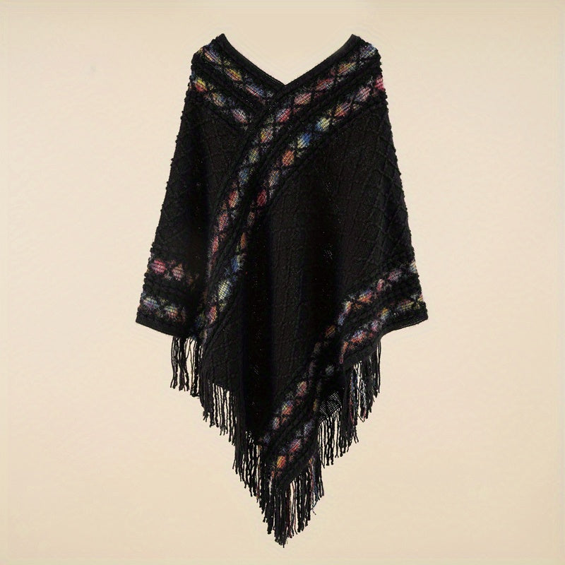 Pullover Woven Shawl Large Warm Fringed Shawl Wrap Windproof Shawl Cape For Casual Outdoor