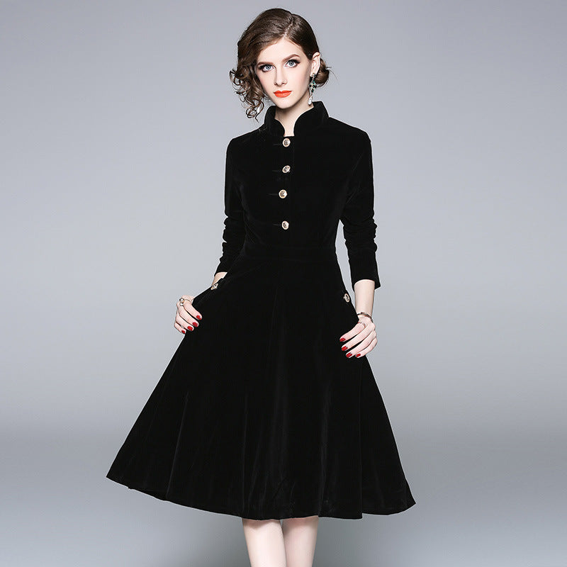 Black Hepburn stand-up collar gold velvet dress women's autumn and winter wear medium and long temperament coat coat