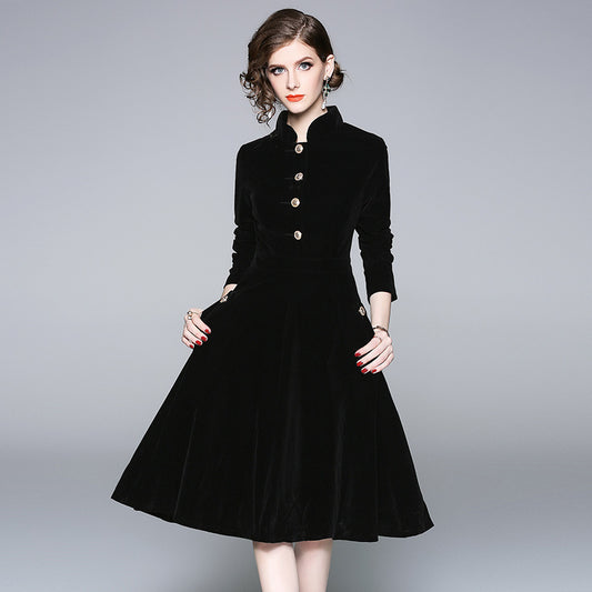 Black Hepburn stand-up collar gold velvet dress women's  autumn and winter wear medium and long temperament coat coat