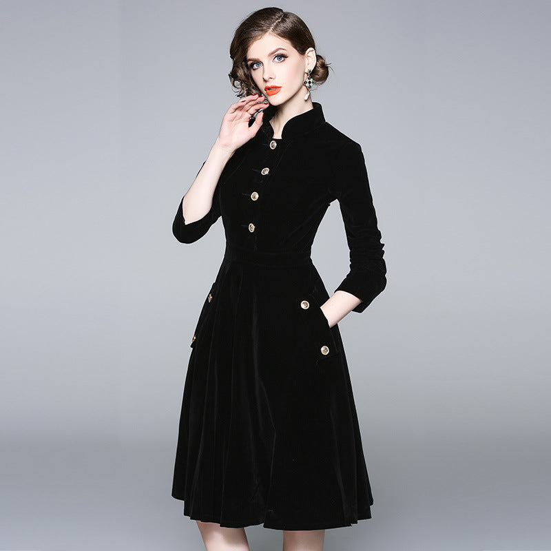 Black Hepburn stand-up collar gold velvet dress women's autumn and winter wear medium and long temperament coat coat