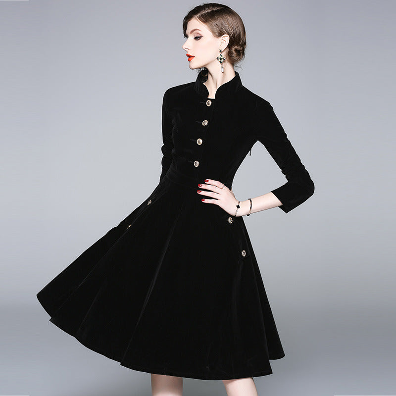 Black Hepburn stand-up collar gold velvet dress women's autumn and winter wear medium and long temperament coat coat