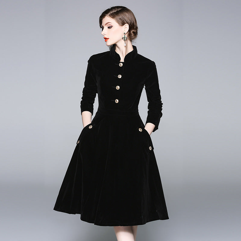 Black Hepburn stand-up collar gold velvet dress women's autumn and winter wear medium and long temperament coat coat