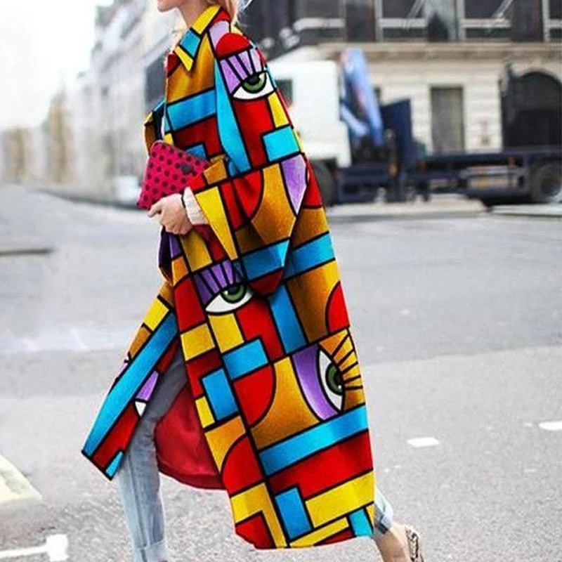 spring and autumn spot wish independent station ebay amazon long horn sleeve jacket printed loose trench coat women