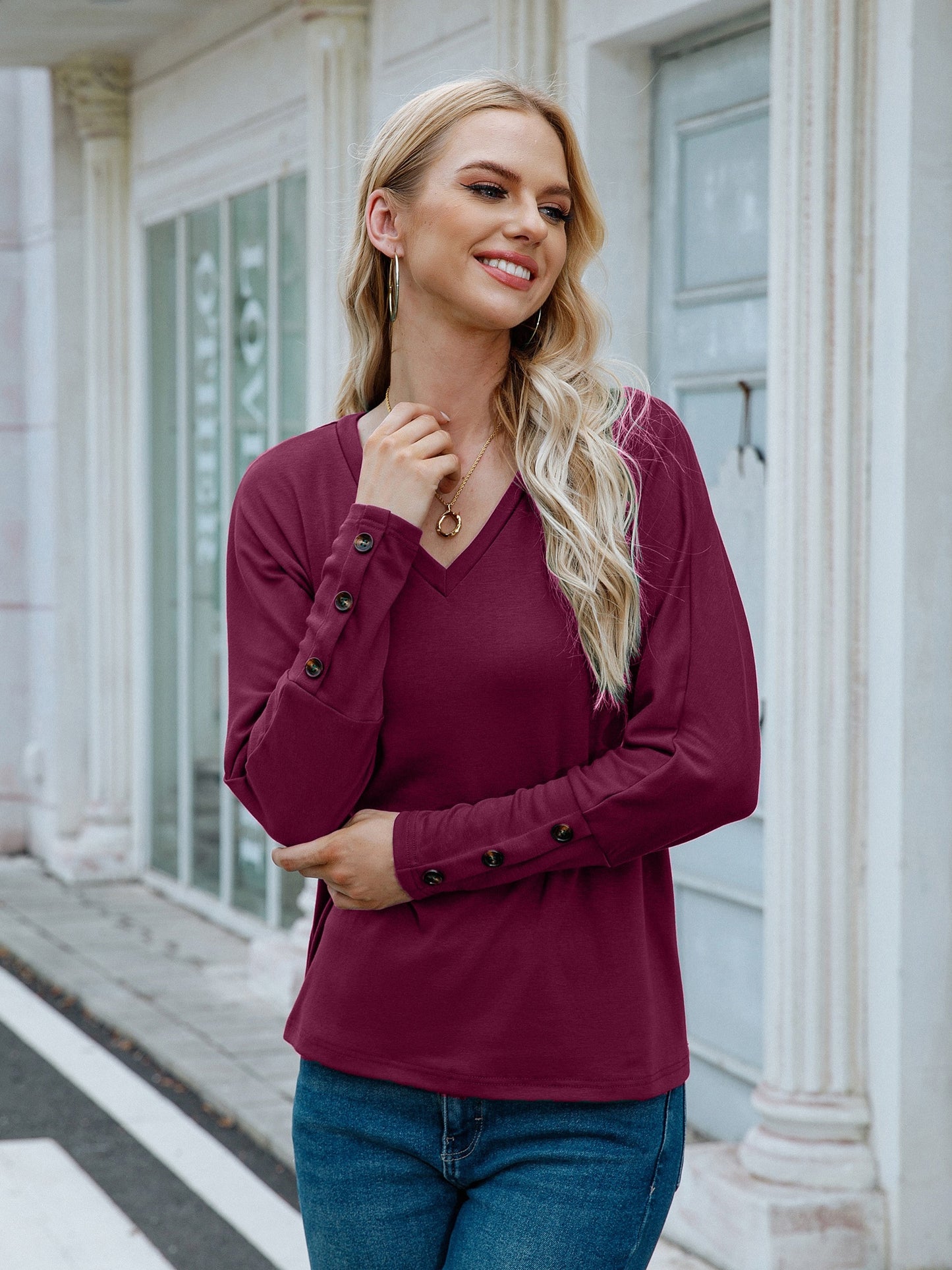 vlovelaw V Neck Oversized T-shirt, Casual Loose Long Sleeve Fashion T-Shirts Tops, Women's Clothing