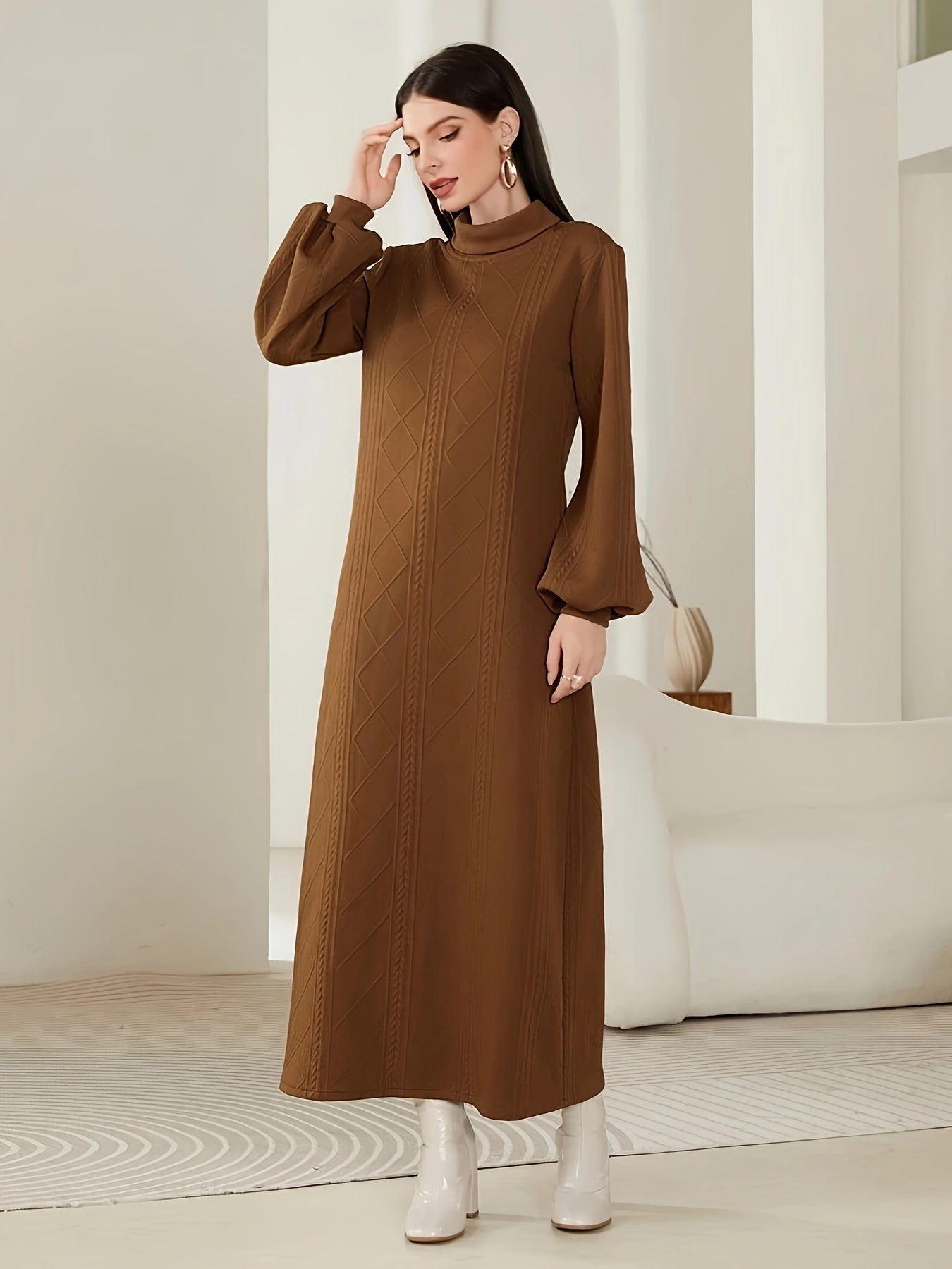 vlovelaw  Textured Mock Neck Dress, Elegant Long Sleeve Dress For Fall & Winter, Women's Clothing