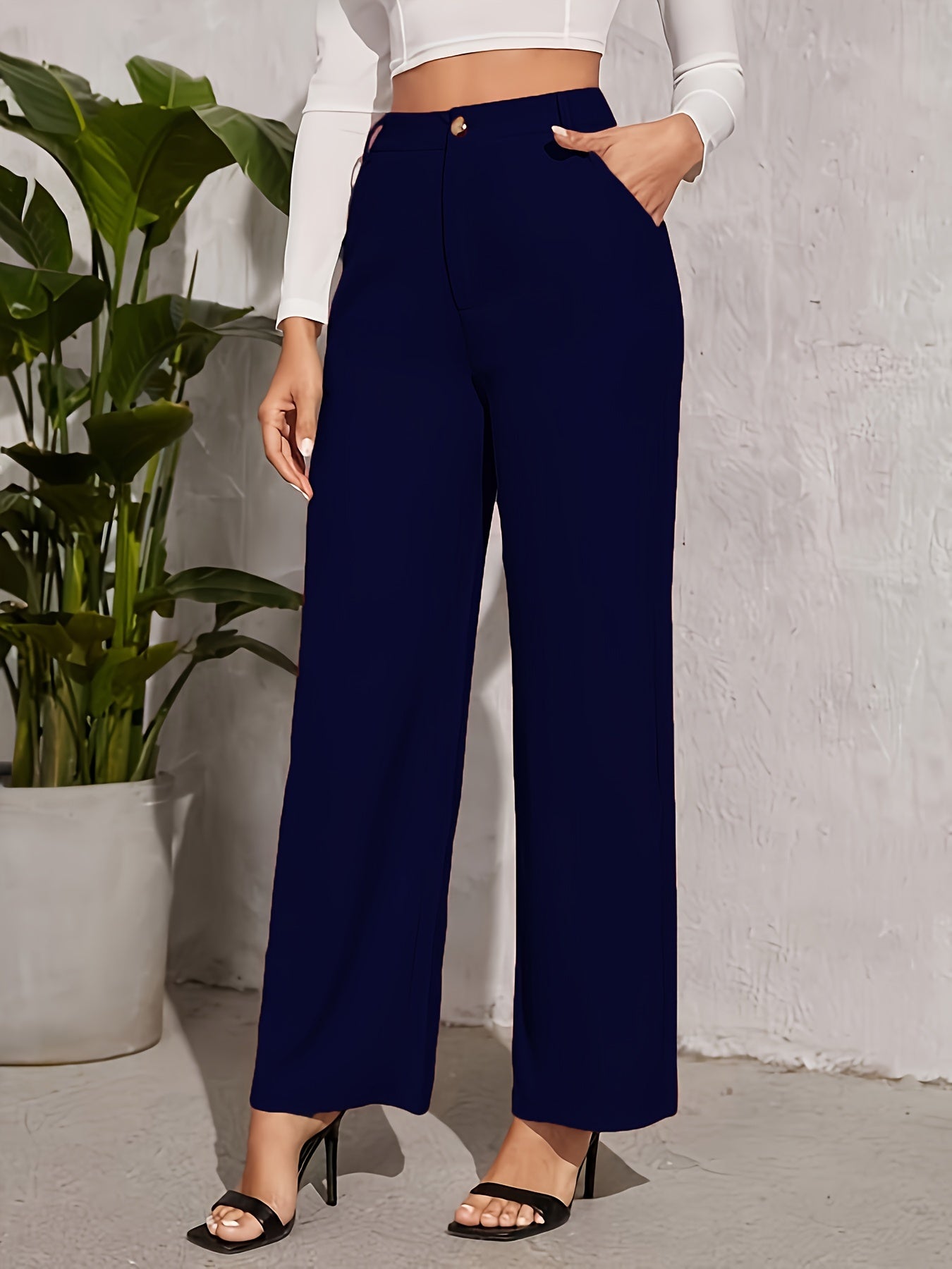 vlovelaw Solid High Waist Trousers, Straight Leg Dual Pockets Pants For Work & Office, Women's Clothing