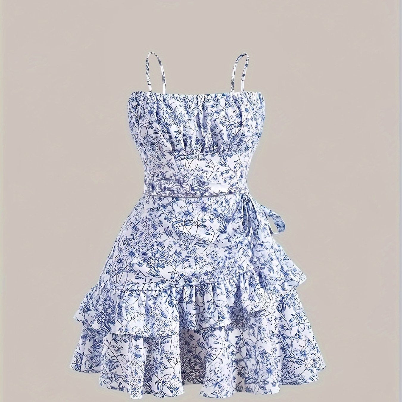vlovelaw Floral Print Cami Dress, Elegant Backless Layered Ruffle Hem Dress For Spring & Summer, Women's Clothing