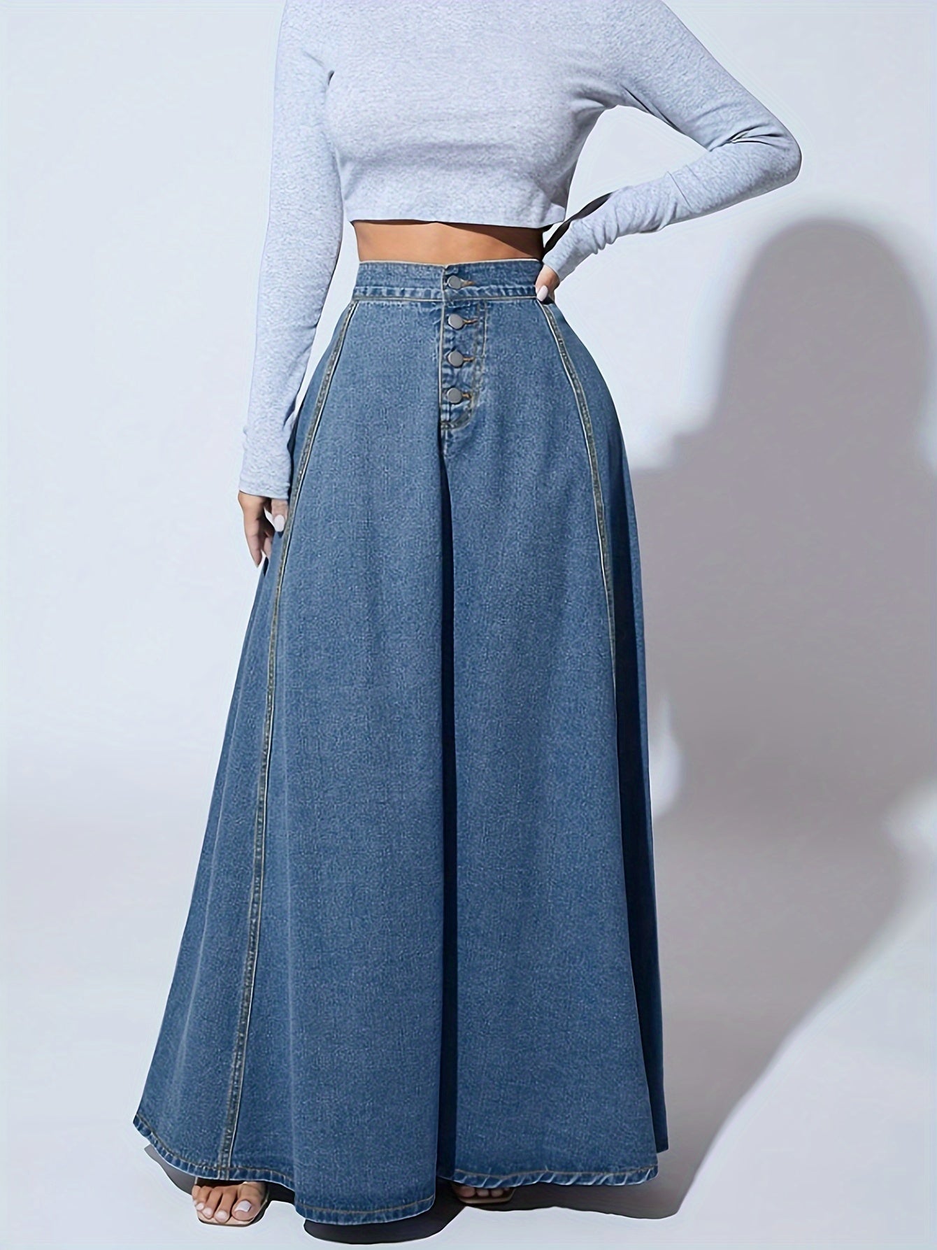 vlovelaw Single-breasted Button Denim Midi Skirt, High Waist A-line Vintage Elegant Denim Skirts, Women's Denim Clothing