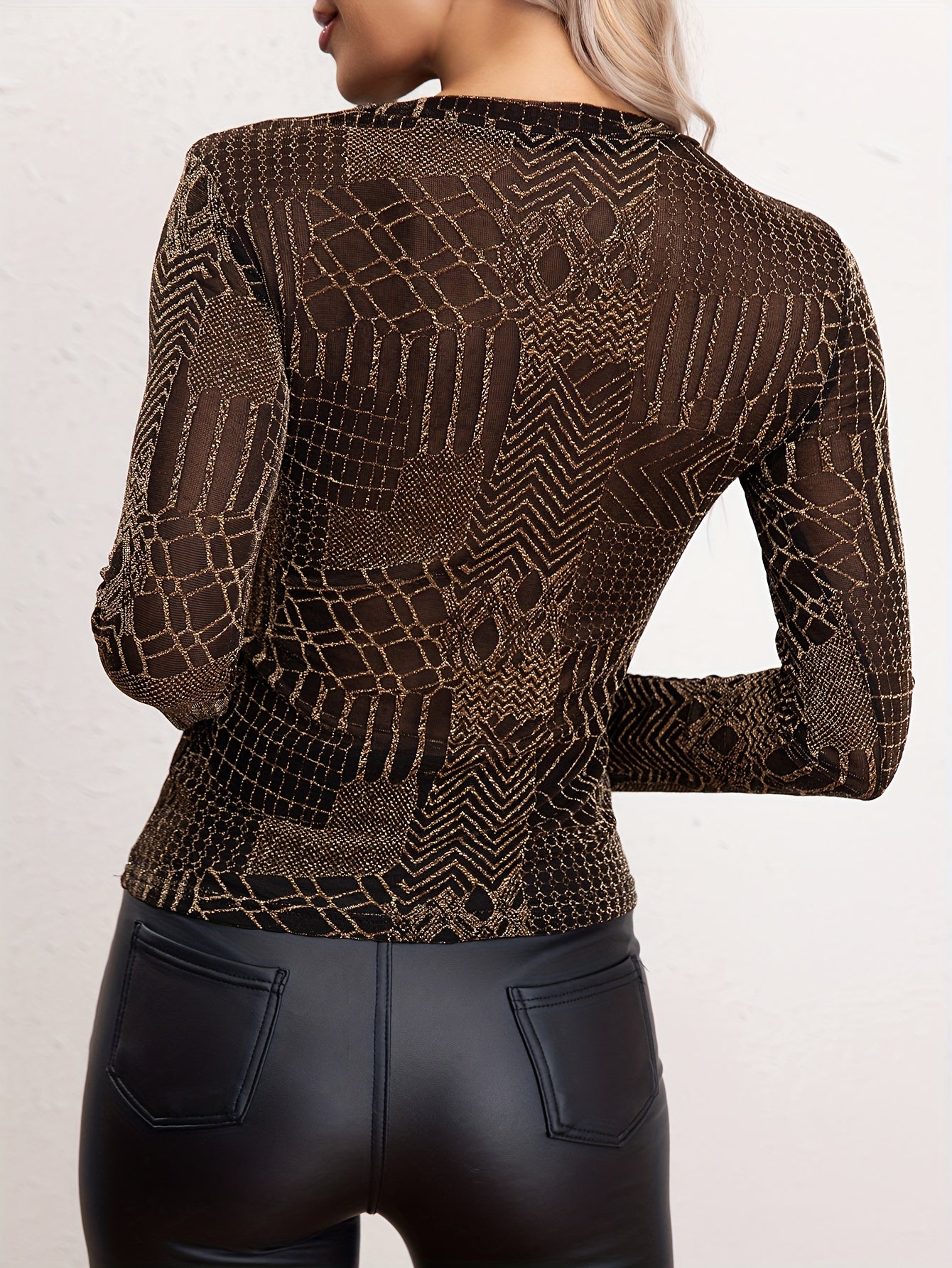 vlovelaw Shiny Pattern Crew Neck T-Shirt, Casual Long Sleeve Top For Spring & Fall, Women's Clothing
