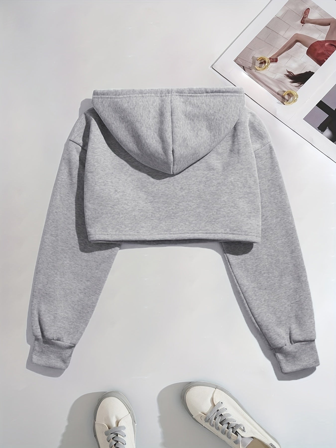 Letter Print Crop Hooded Sweatshirt, Long Sleeves Drawstring Fleece Liner Hoodies, Women's Activewear