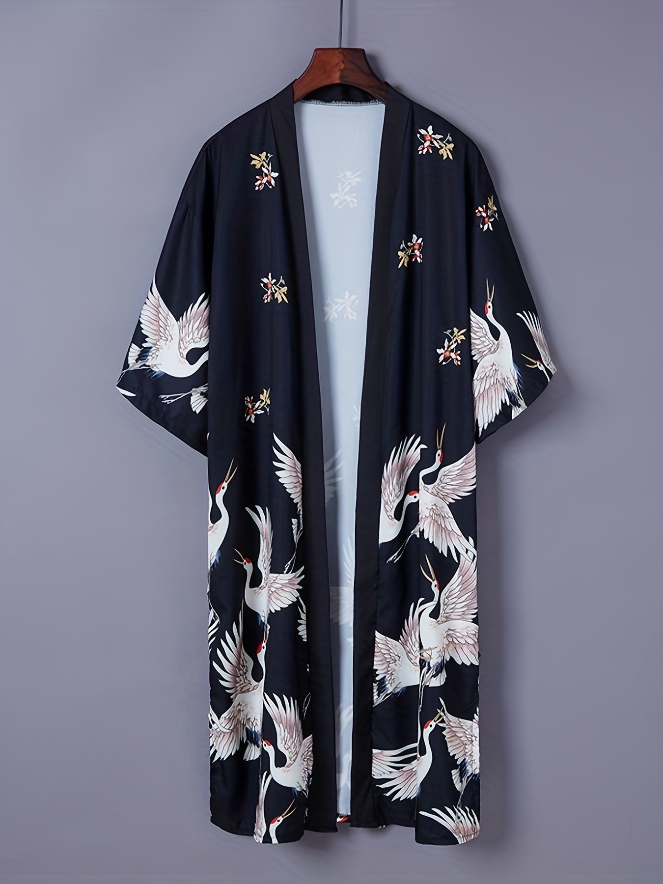 vlovelaw Crane Print Split Kimono, Elegant Open Front Long Sleeve Coat For Spring & Fall, Women's Clothing