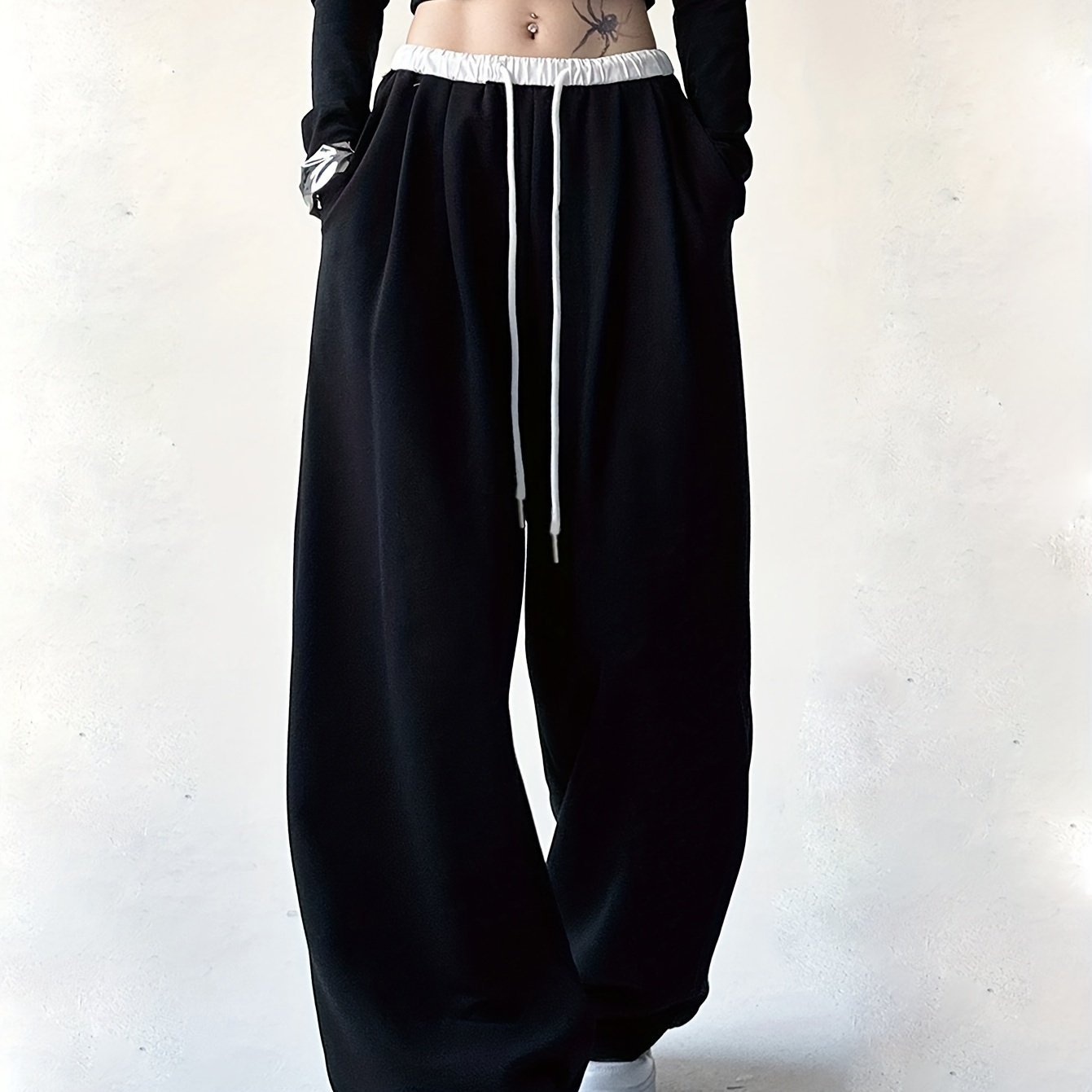 vlovelaw Color Block Wide Leg Pants, Casual Drawstring Loose Slant Pockets Pants For Spring & Fall, Women's Clothing