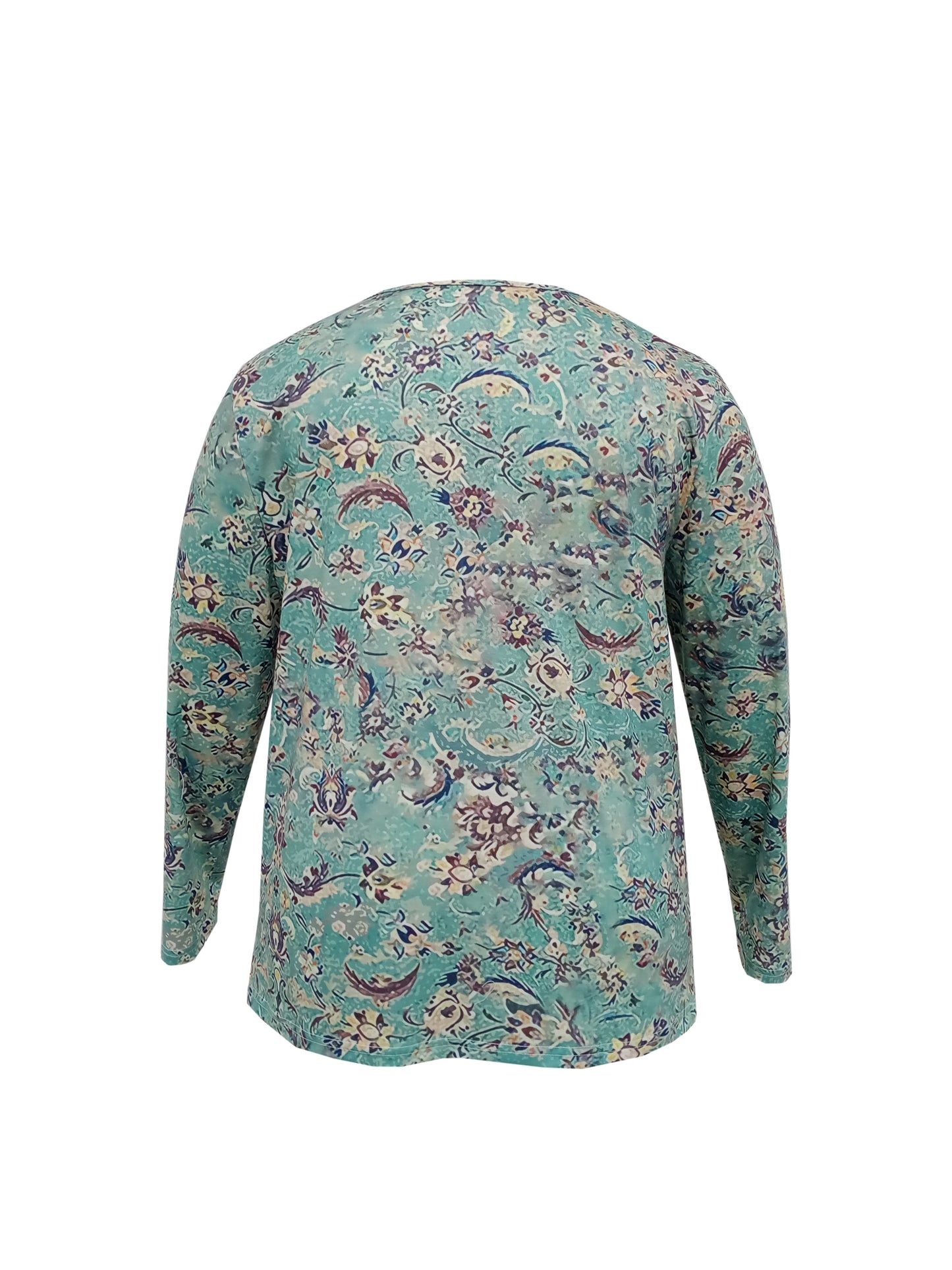Plus Size Casual T-shirt, Women's Plus Floral Print Long Sleeve V Neck Slight Stretch T-shirt