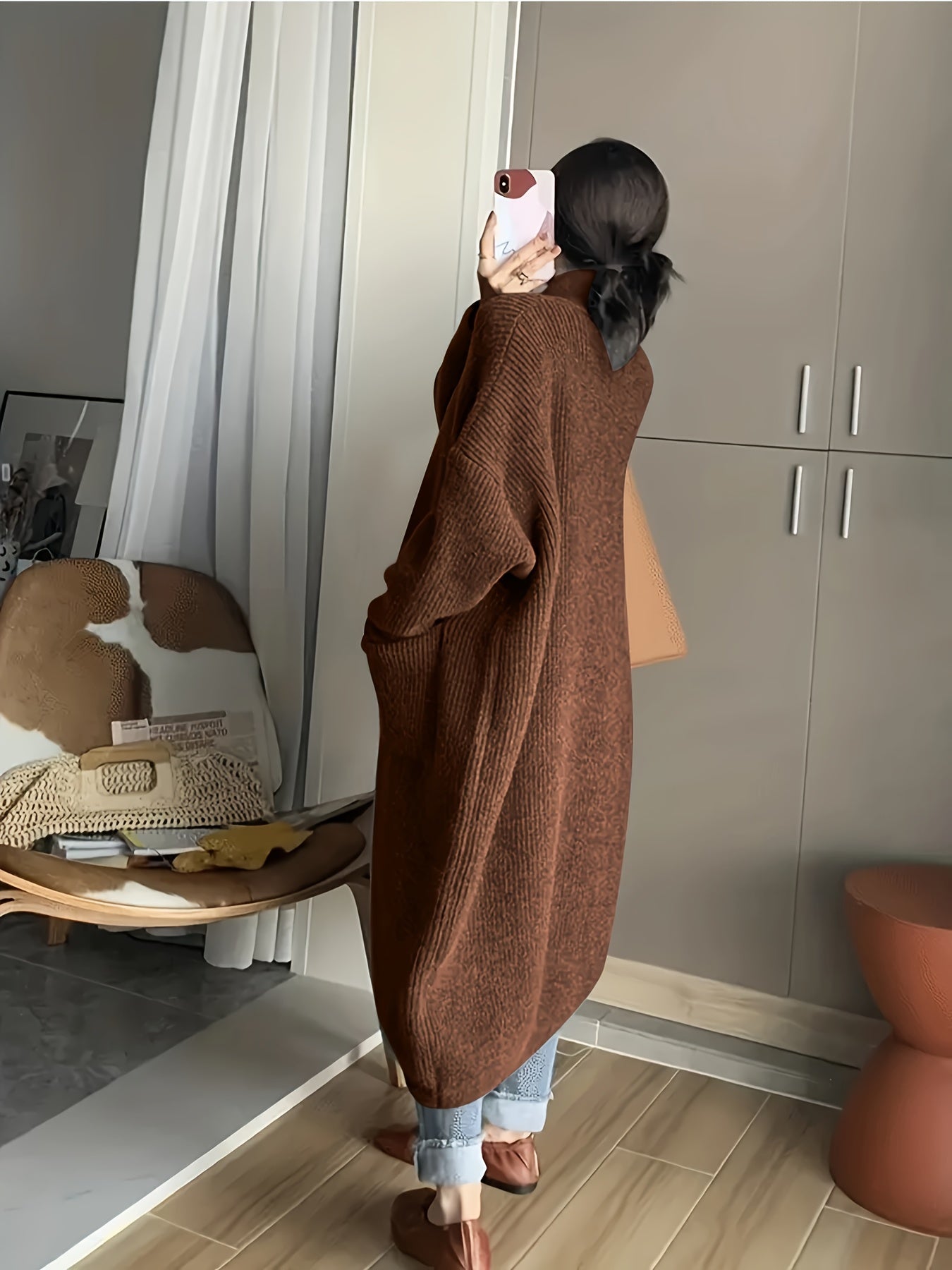 Solid Button Front Turtle Neck Cardigan, Casual Long Sleeve Pocket Oversized Sweater Overcoat, Women's Clothing