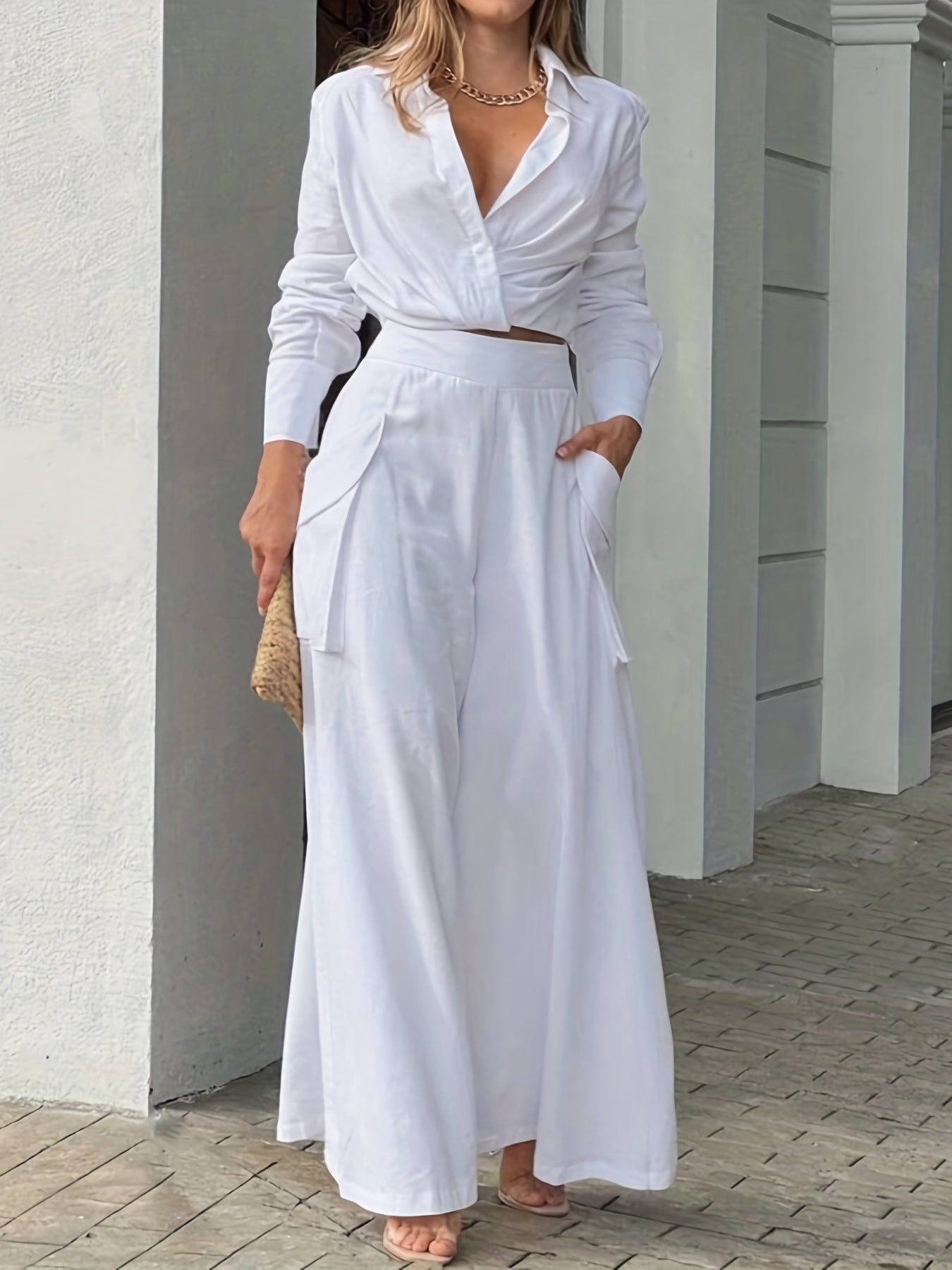 vlovelaw Casual Matching Two-piece Set, Long Sleeve Blouse & Wide Leg Pants Outfits, Women's Clothing