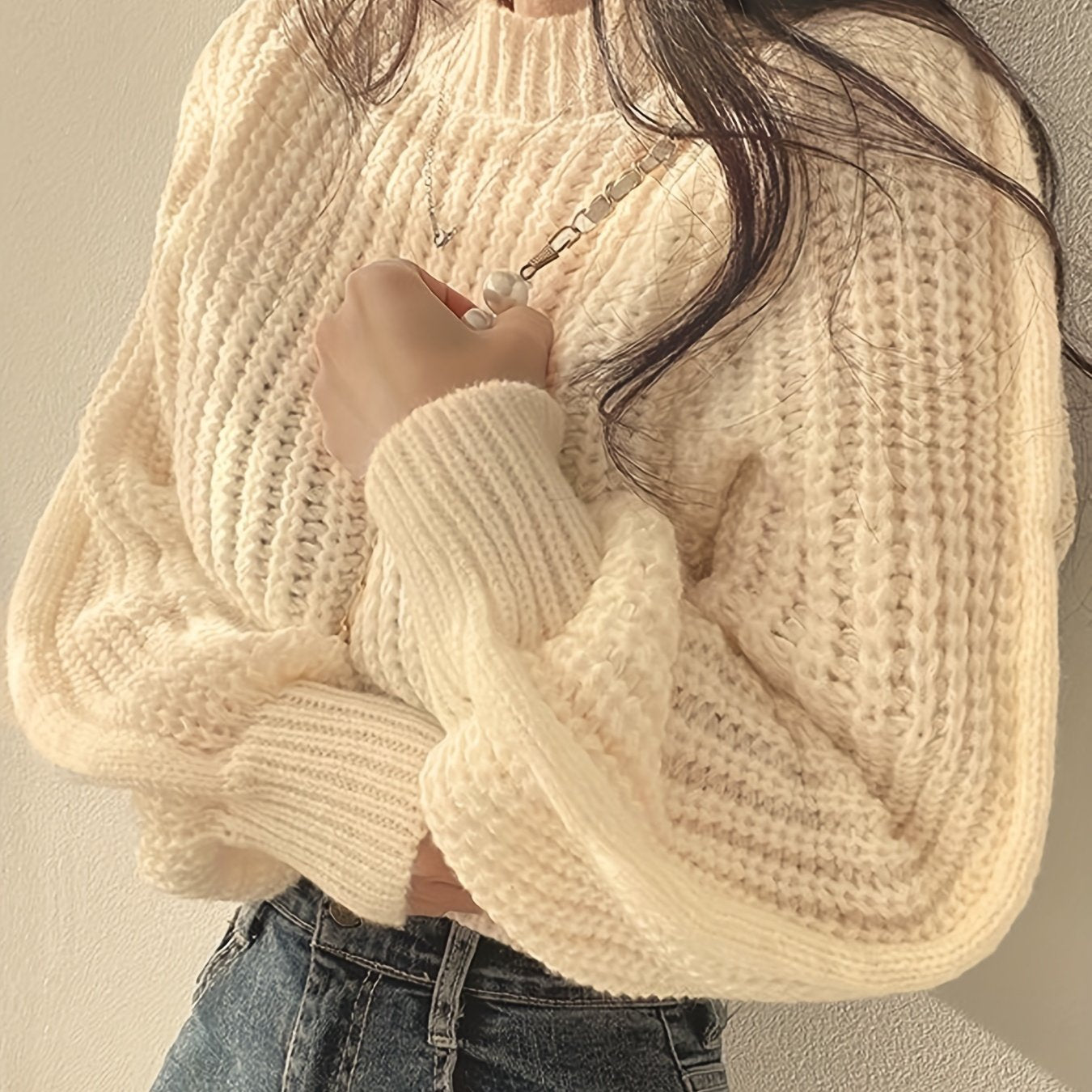 Solid Crew Neck Chunky Knit Sweater, Casual Long Sleeve Crop Pullover Sweater, Women's Clothing