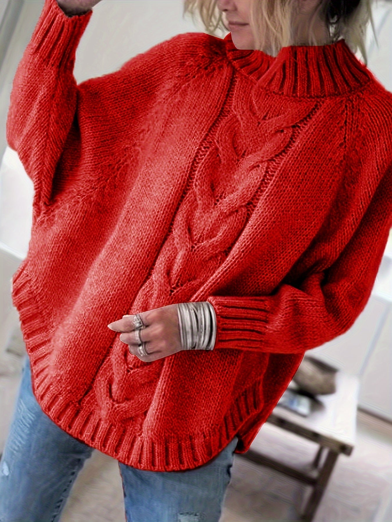Cable Mock Neck Sweater, Vintage Batwing Sleeve Curved Hem Sweater, Women's Clothing